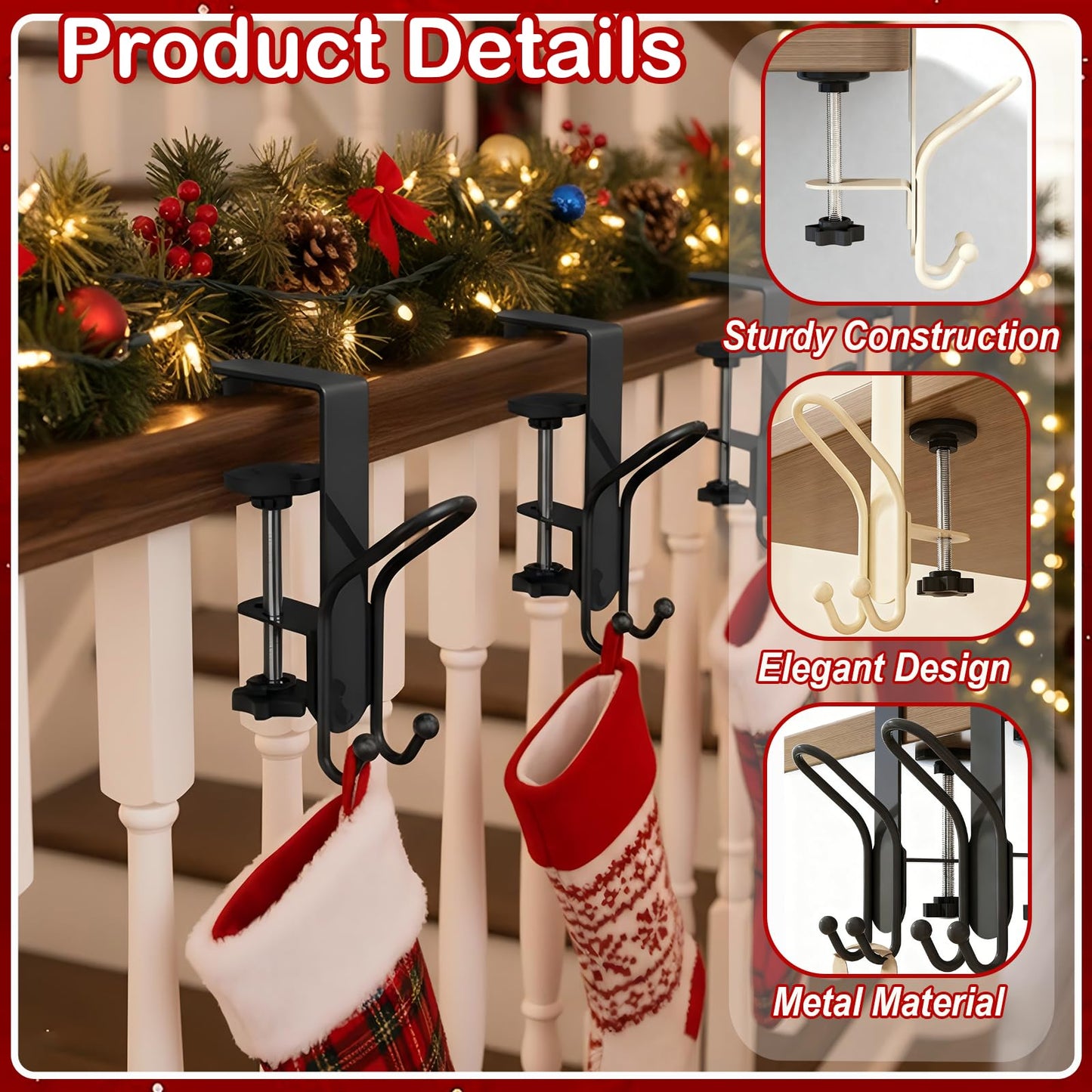 TGLIFEVER Fireplace Stocking and Garland Hanger with Double Hooks, 2 in 1 Mantel Hangers for Garland, Heavy Duty No Drill Christmas Stocking Holder for Party Home Decoration