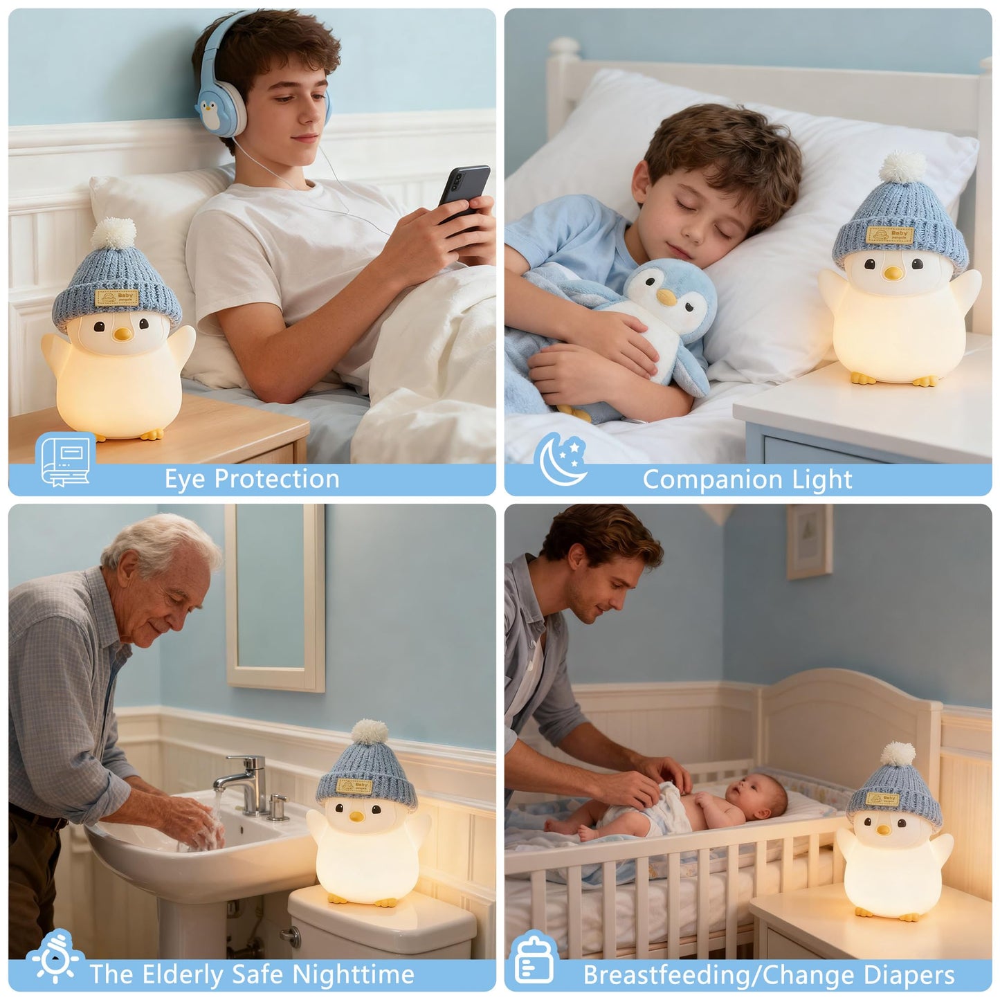 FAMIDUO Penguin Night Light for Kids, Adorable Penguin Lamp with Hat, Food Grade Silicone Nursery Nightlight, Rechargeable/Dimmable/Timer,LED Squishy Novelty Animal Bedside Lamp,Funny Gifts for Boys