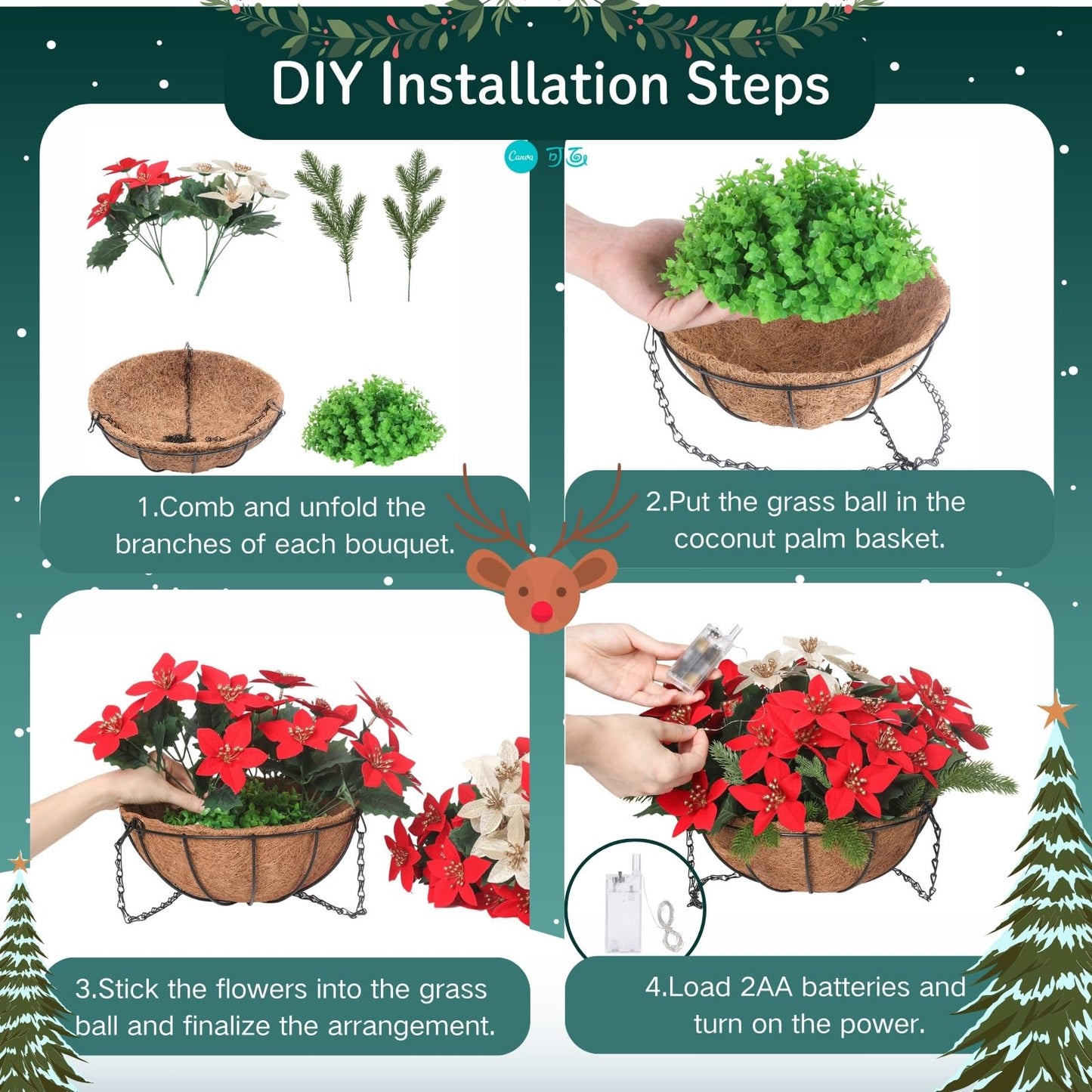Florielle Artificial Fake Christmas Hanging Flowers Plants Basket with LED Lights, Faux Poinsettia, Pine Branches, for Outdoor New Year Xmas Decoration, Porch Home Holiday Decor (Green Pine Branches)
