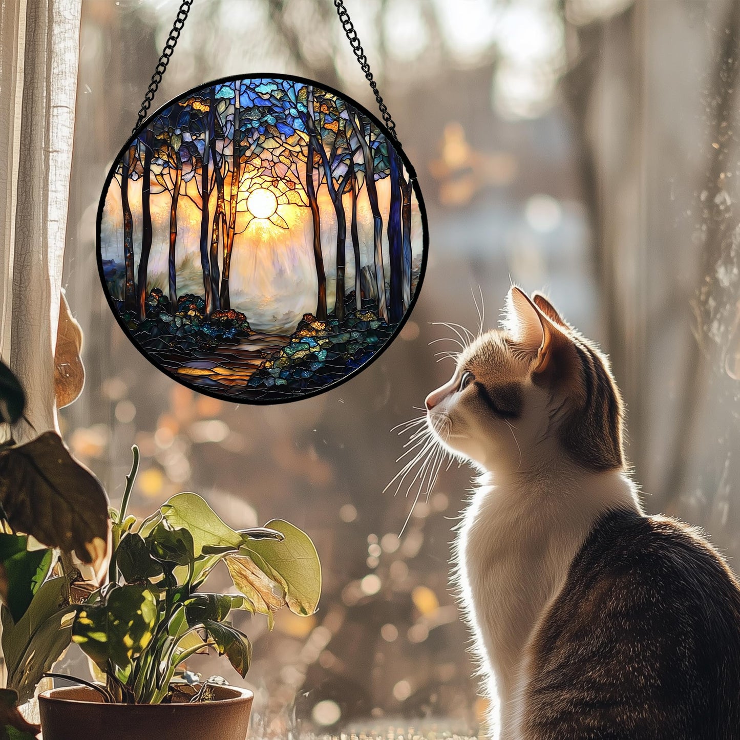 DASTOLL Stained Glass Window Hanging, Forest Sunrise Smoke Blue Brown Tree Suncatcher for Doors Window Home Landscape Sun Catchers Decor Mother's Day Birthday Gifts for Women, Men Mom 7.8 in