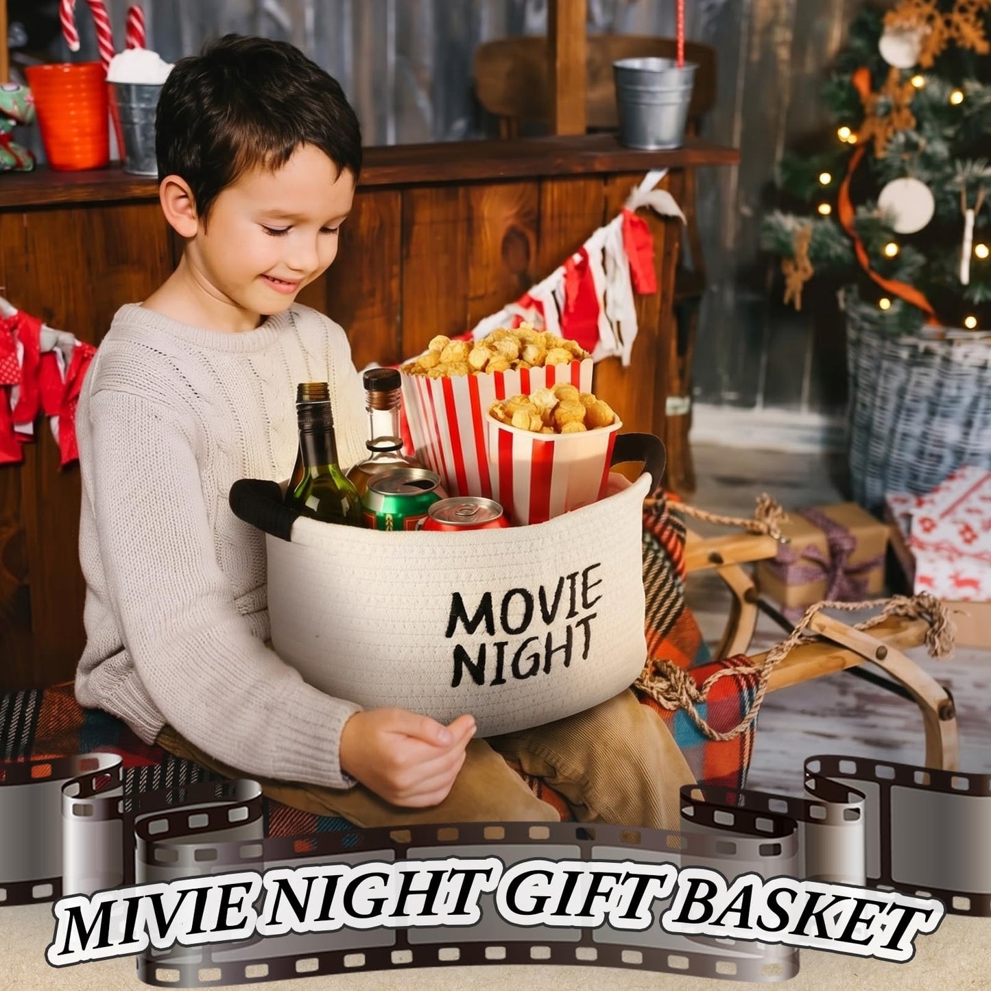 Yungyan Movie Night Supplies Snack Trays Basket with Handle Reusable Cotton Rope Bucket Storage Gifts for Theater Popcorn Family Room Decor(11.81 x 7.48 x 6.69 Inches,Movie Night,White)