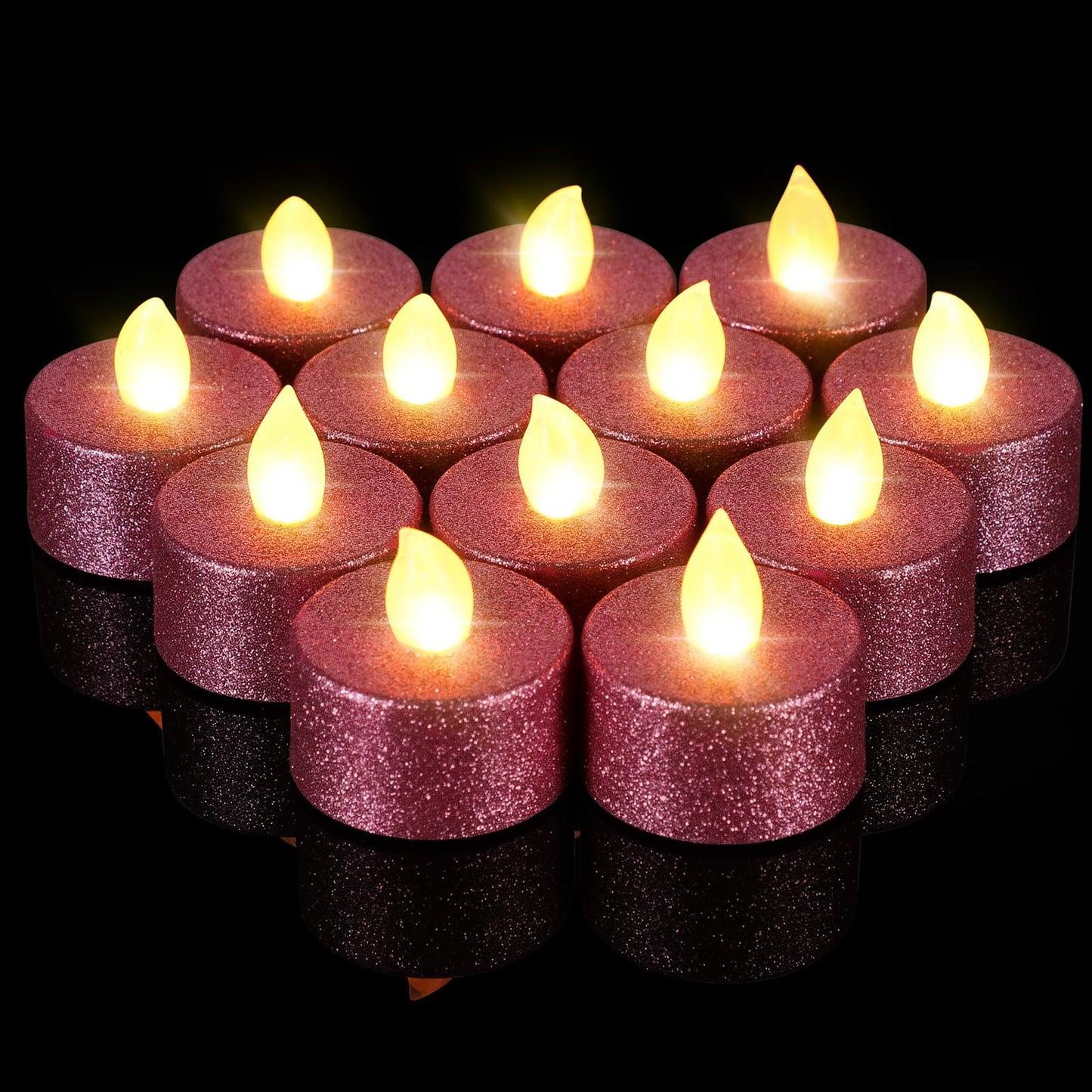Retisee 48 Pcs Flameless LED Tea Lights Glitter Electric Fake Candles for Centerpieces Battery Operated Anniversary Decorations Romantic Winter Decor for Wedding Christmas Birthday (Pink)