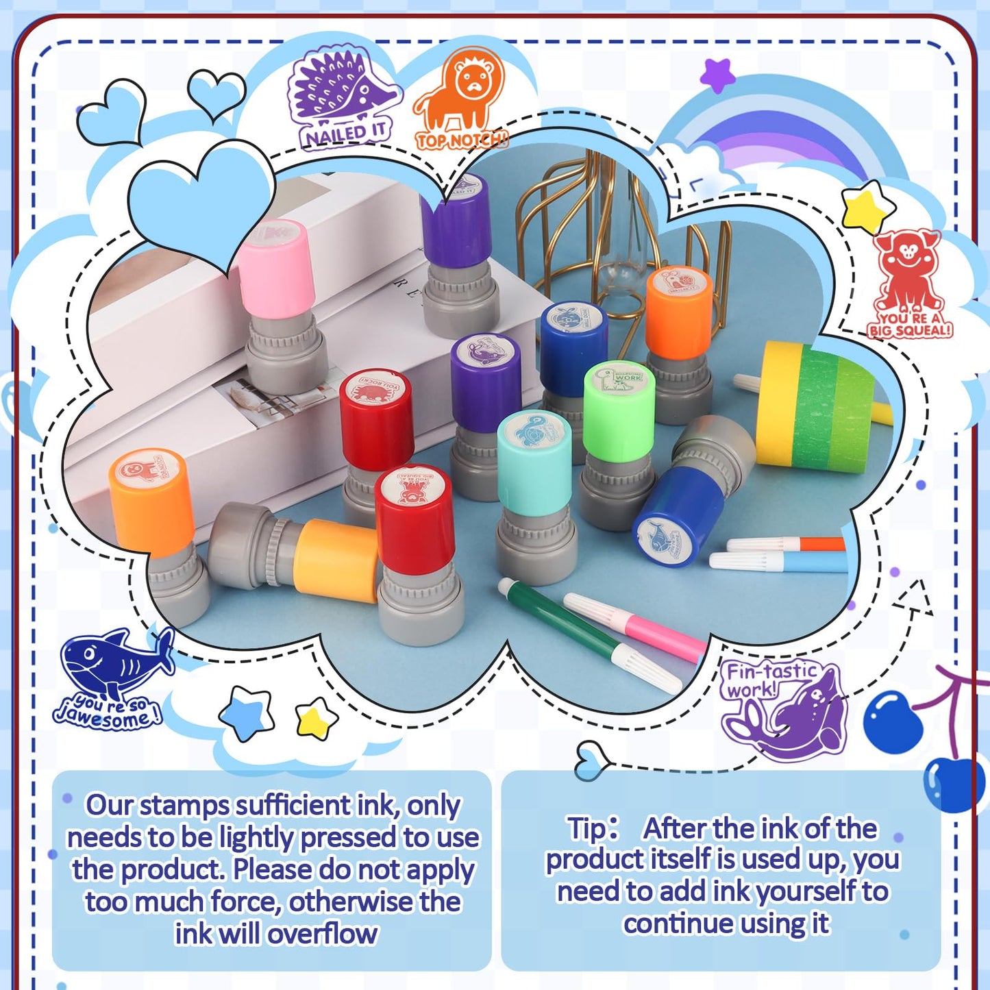 LOTMER 12 Pcs Teacher Stamps for Classroom, Self-Inking Rubber Colorful Stamps Classroom Rubber Stamp for Grading Homework Test Motivation Students Supplies