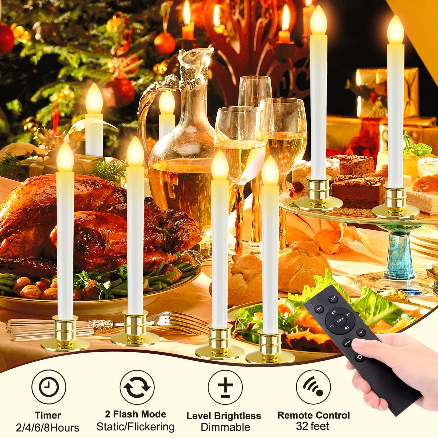 HINZER 8PCS Christmas Window Candles with Timer Remote Battery Operated Candles LED Lights Christmas Decorations Electric Flickering Window Lights for Home Decor