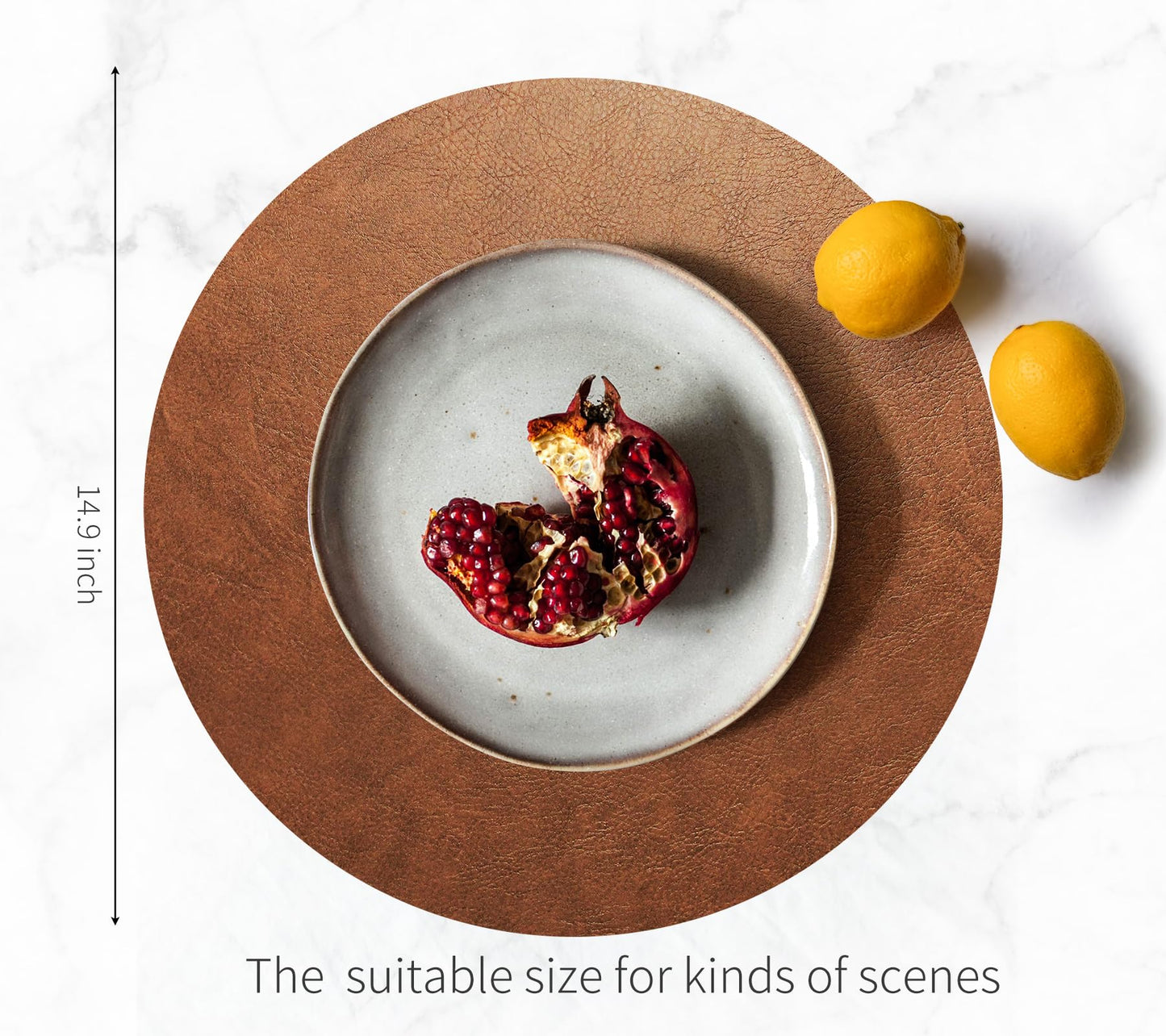 RENMTURE Faux Leather Placemats Set of 4,with 4 Cup mat,Washable, for Kitchen Dining Table,Restaurant,Coffee Shop (Walnut Brown, Round)
