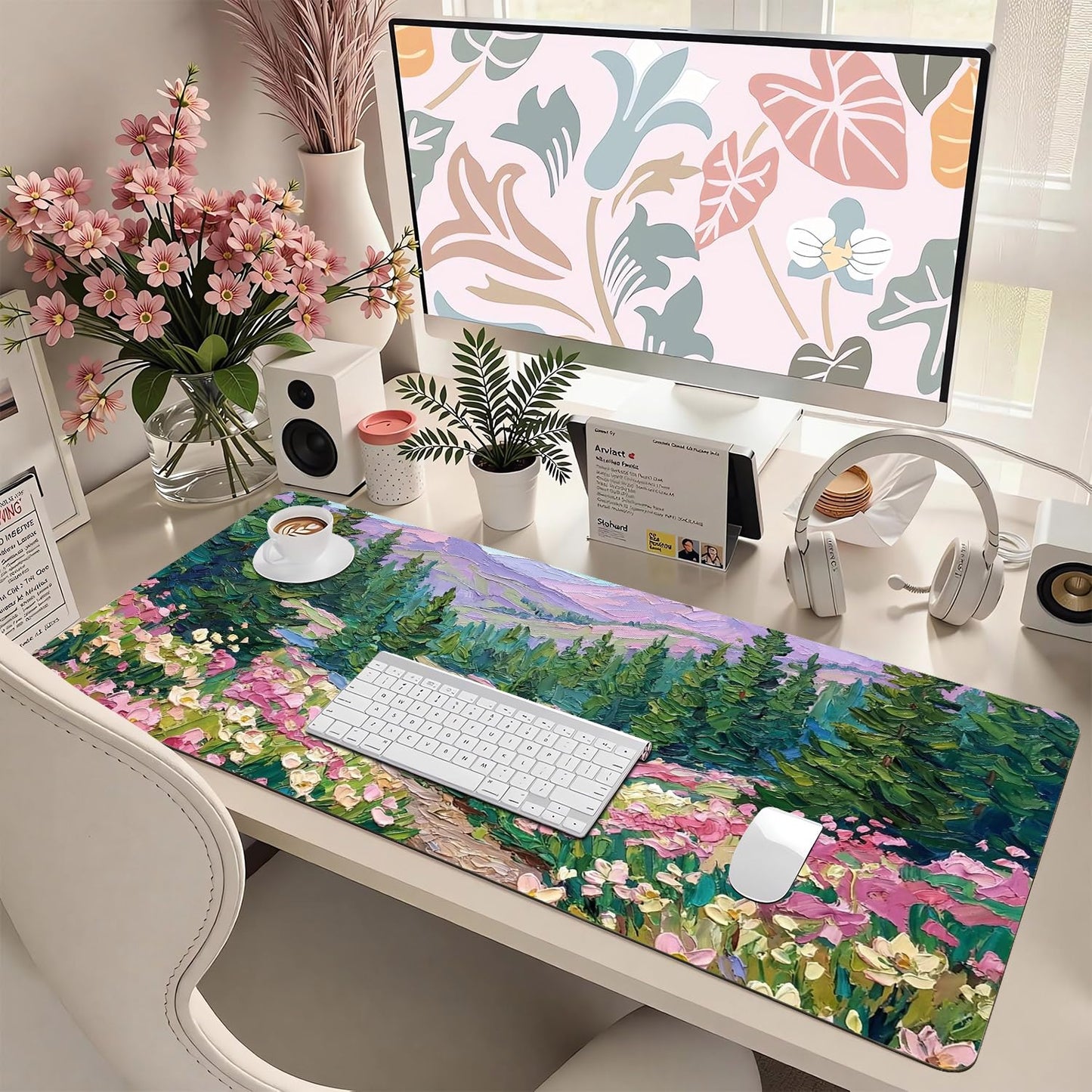 CozyNestCY Oil Painting of Flowers Office Desk Mat 27.6'‘ x 13.8’' Desktop Mat PU Leather Large Mouse Pad Green Mousepad Non-Slip Table Mat for Girls, Women, Home, Work, Computer, and Gaming