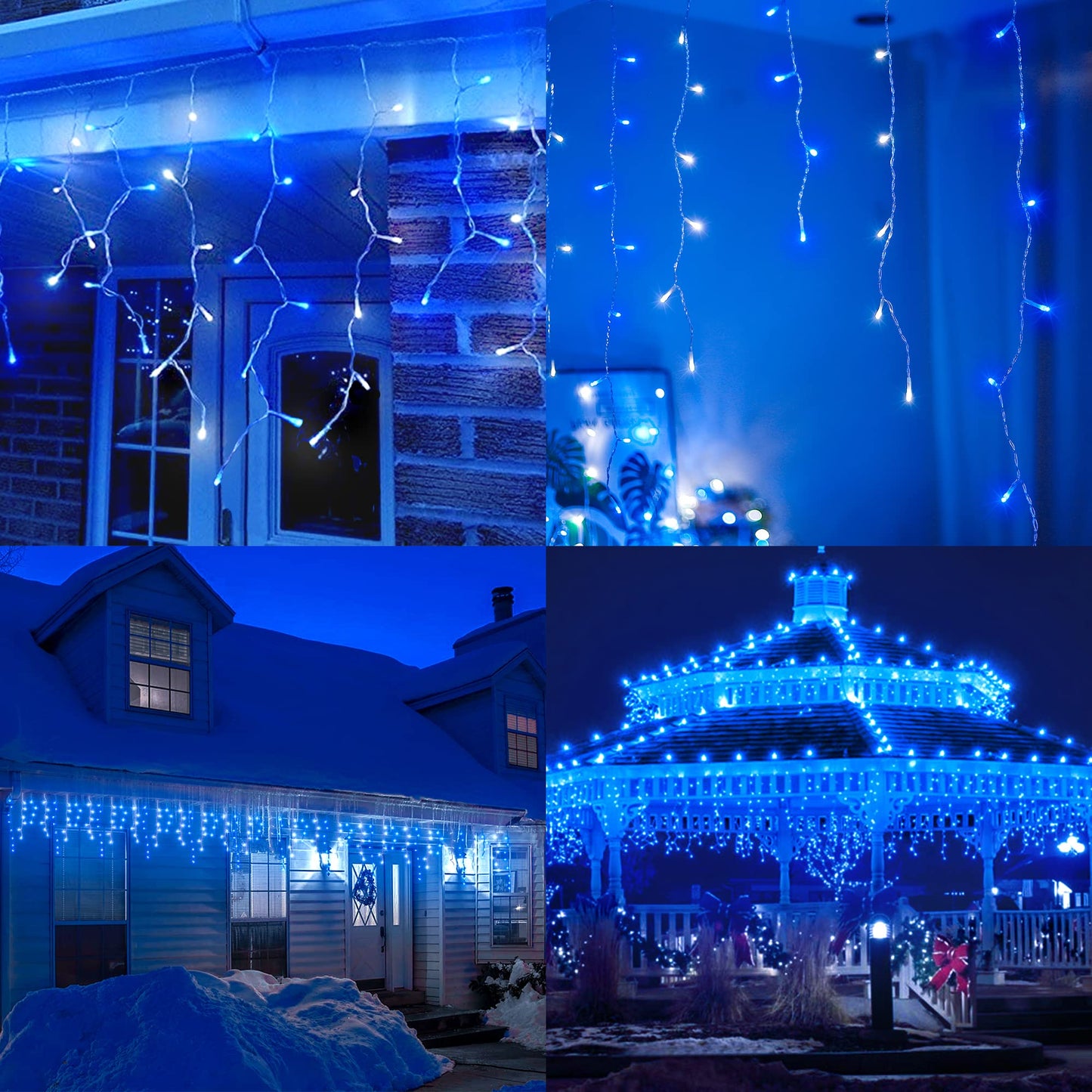 Hopolon 33FT 360L LED Christmas Icicle Lights Outdoor Waterproof,8 Modes Plug in Curtain String Lights with 60 Drops for Wedding,Party, Bedroom, Home, Garden, Wall Decorations(Blue White)