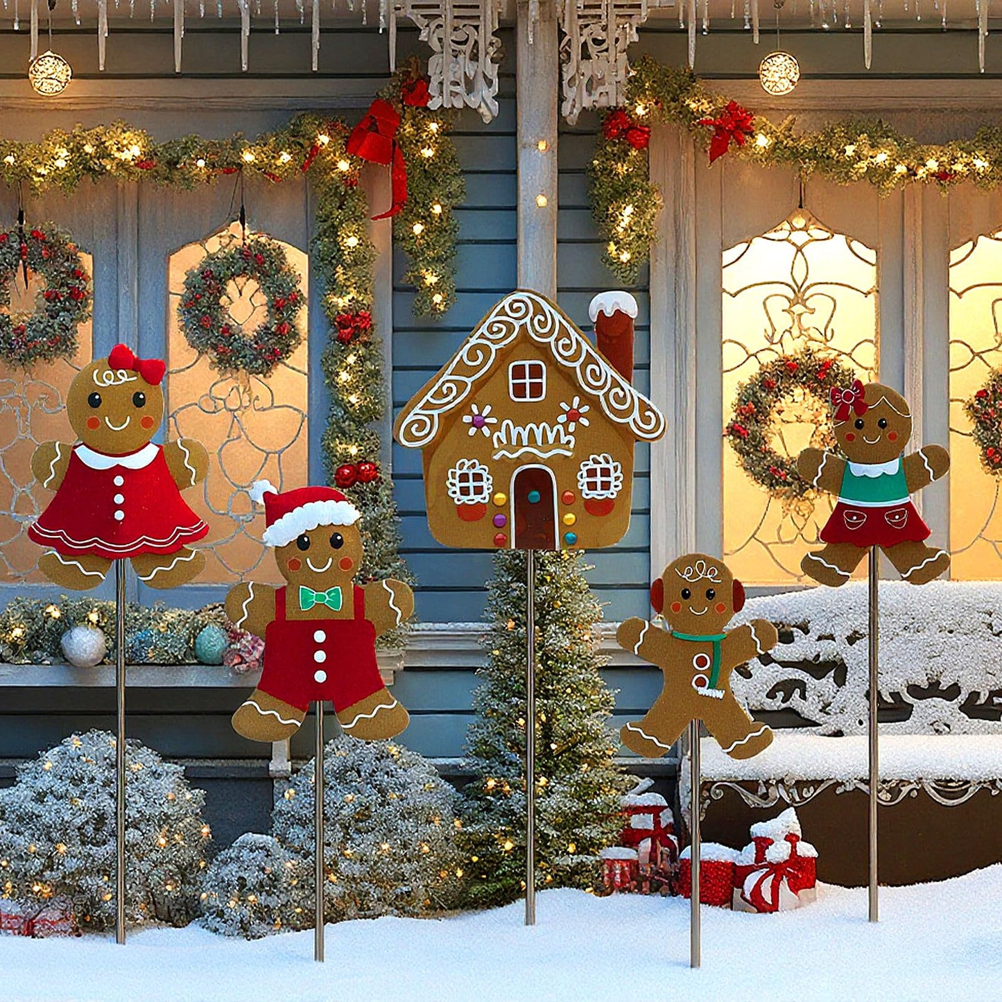 Roowest 5 Pack 12'' H Metal Christmas Yard Stakes Outdoor Decorations Gingerbread Man House Garden Signs Christmas Potted Plant Stakes for Holiday Winter Home Lawn Garden Porch Walkway Party Decor