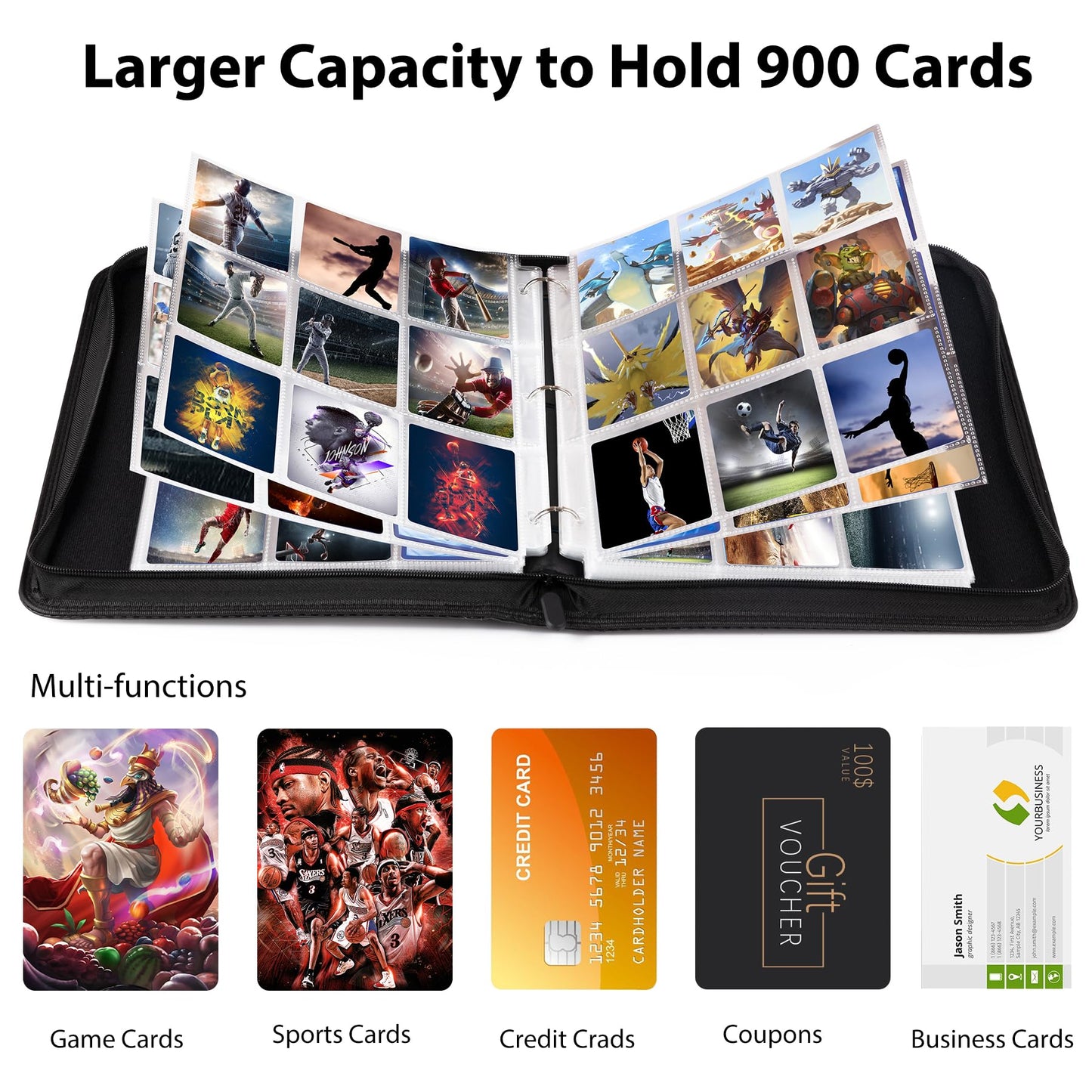 WOT I Trading Card Binder, 900 Pockets Sleeves with Zipper, Double Sided Pockets Card Holder Carry Case for Baseball Card, Football Card