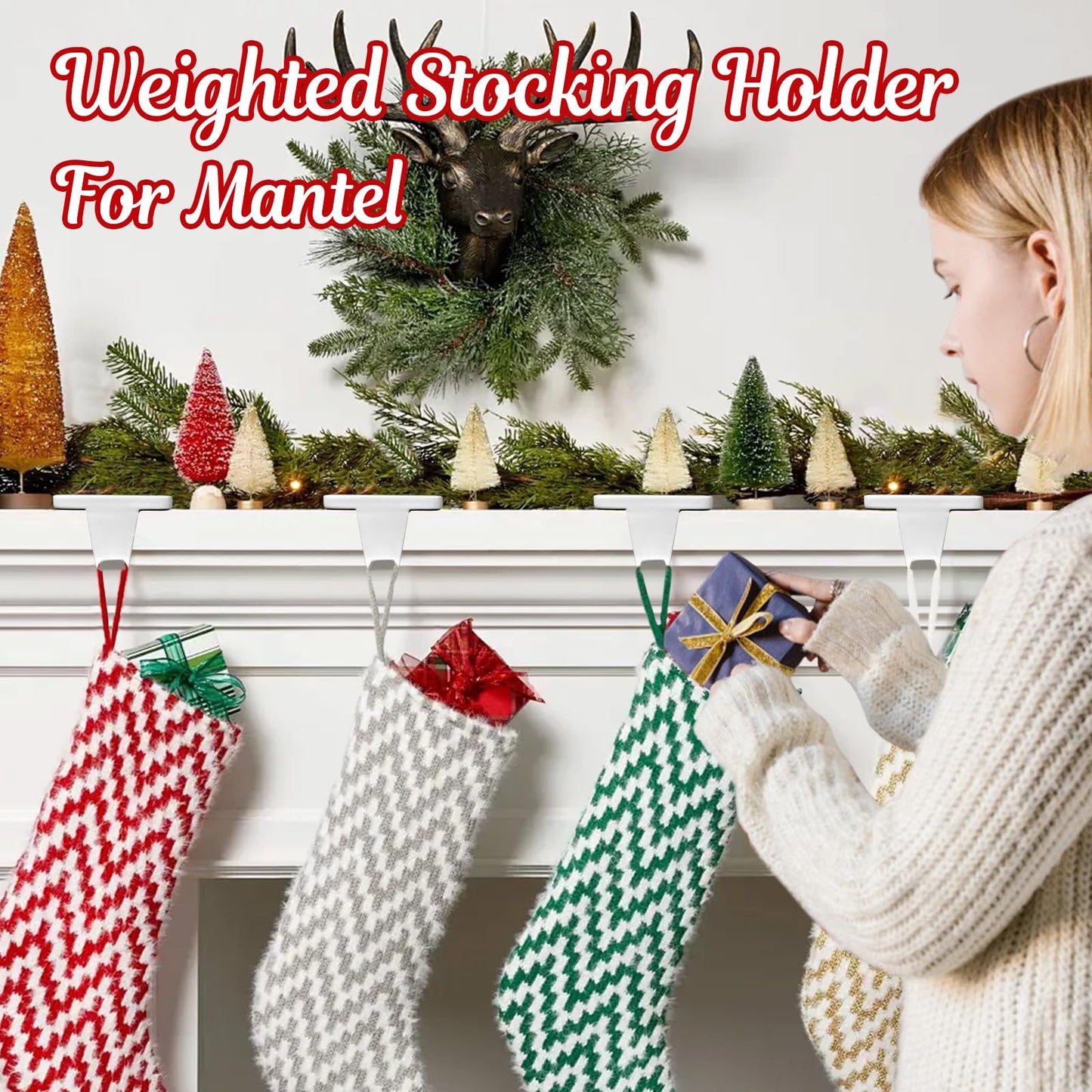 HMASYO Christmas Stocking Holders for Mantle Set of 4, White Heavy Duty Iron Stocking Hangers Base, Low Profile Weighted Stocking Holder Hooks for Fireplace Tabletop Shelf Christmas Decoration