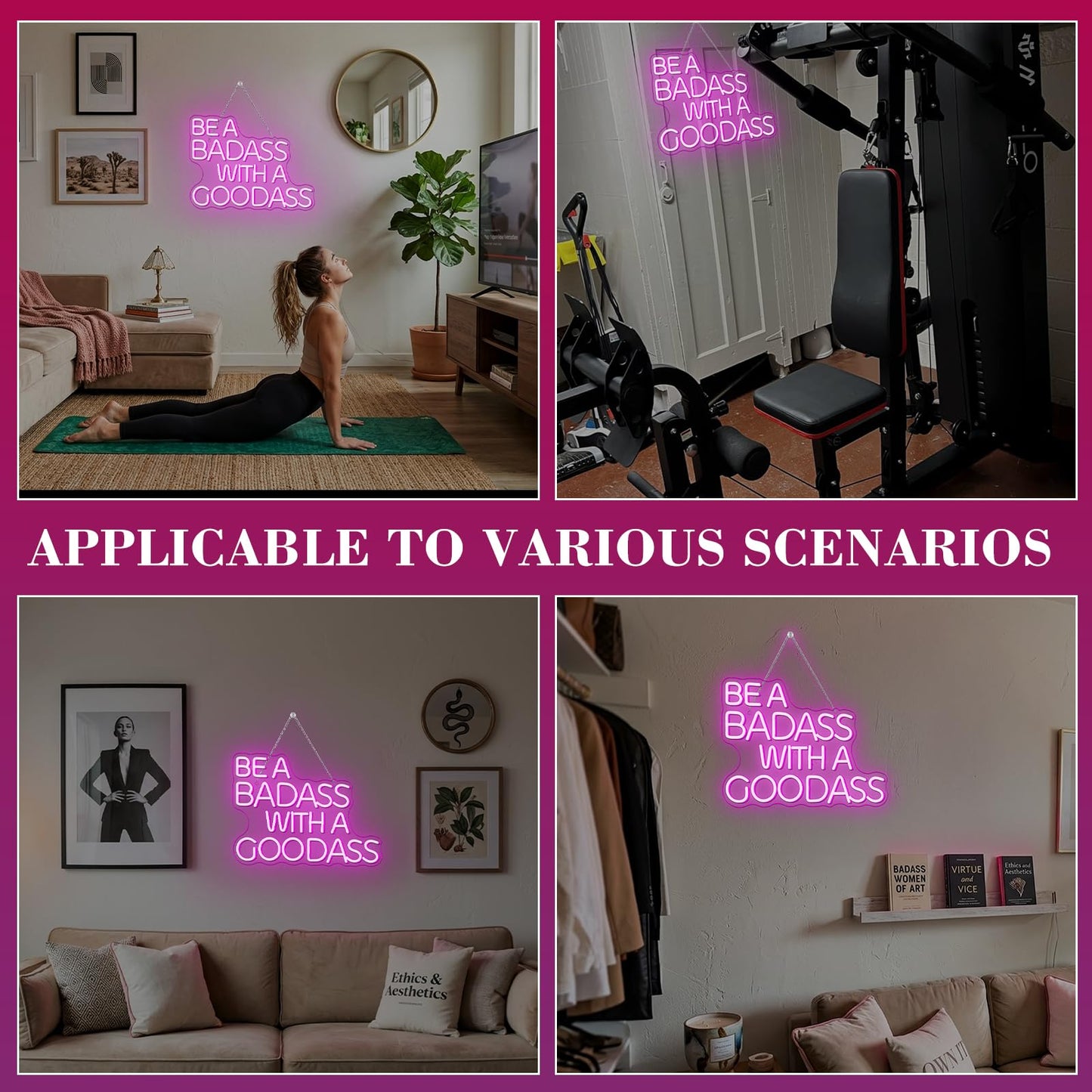 Gym Neon Sign with Pink LED Content Neon Light BE A BADASS WITH A GOODASS Light Signs for Wall Art Decor in Bar Club Ideal Birthday Gift for Teens and Adult Home Gym