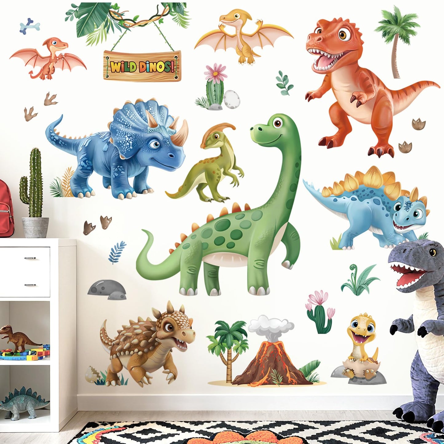 wondever 3D Dinosaur Wall Stickers Tropical Animal Dino Volcano Plants Peel and Stick Wall Art Decals for Baby Nursery Kids Bedroom Playroom