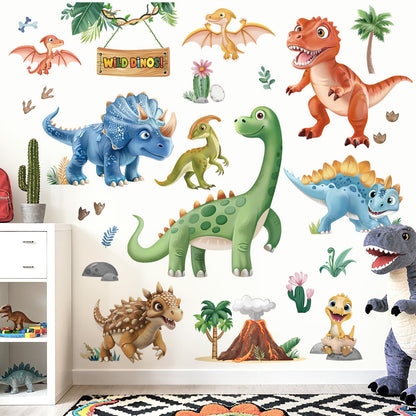 wondever 3D Dinosaur Wall Stickers Tropical Animal Dino Volcano Plants Peel and Stick Wall Art Decals for Baby Nursery Kids Bedroom Playroom