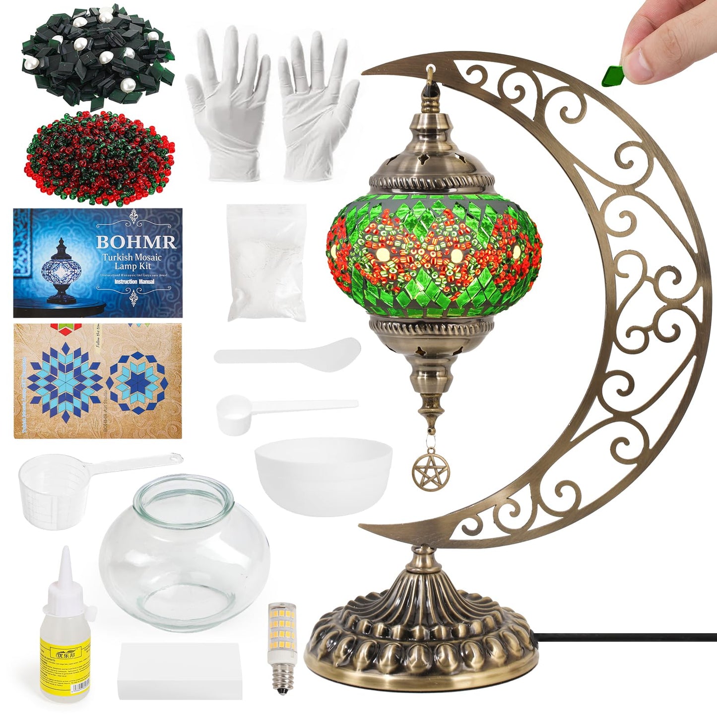 BOHMR DIY Turkish Mosaic Lamp Kit, Moon Stained Glass Lamp Making Kit- Easy,Fun,No Experience Needed, Mosaic Art & Craft Project Kits for Adults & Teens, Make Your Own Table Lamp,Christmas Gift,Green