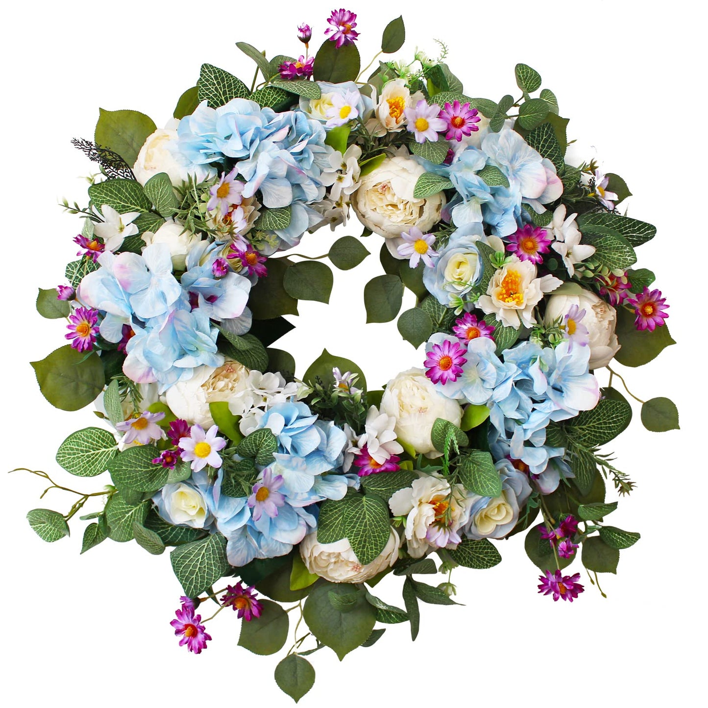 24 Inch Spring Wreaths for Front Door, Spring Wreath,Blue Hydrangea Wreath,Large Spring Summer Door Wreaths for Front Door Outside All Season Home Decor (Blue)