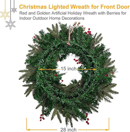 28’’ Pre-Lit Artificial Christmas Wreath, Battery Operated 35 LED Lights with Faux Greenery, Pine Cones, Berries for Front Door, Xmas Wreath for Holiday Christmas Home Decorations