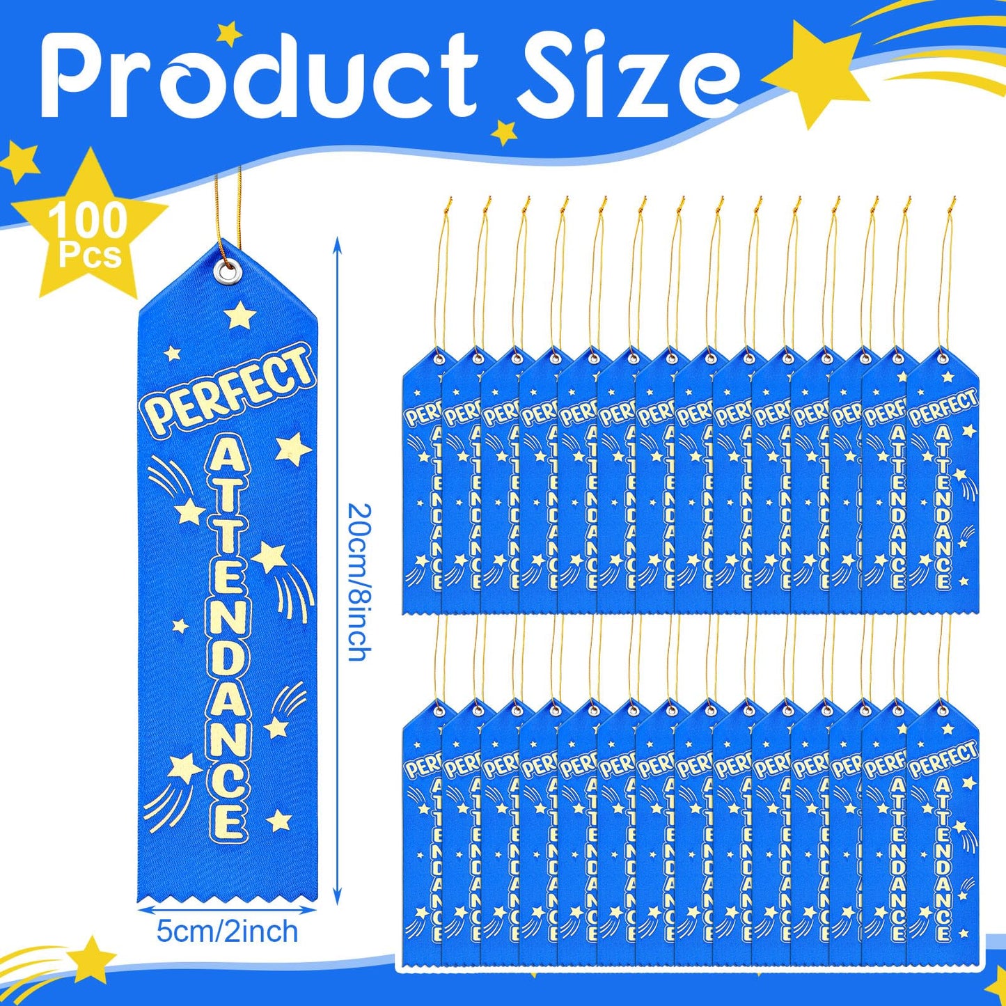 Wavwavw 100 Pcs Perfect Attendance Ribbons Bulk 8" x 2" Prizes Ribbons with Event Card and String Award Prize Gift for Tournaments Competitions Party Classroom Home Study Supplies