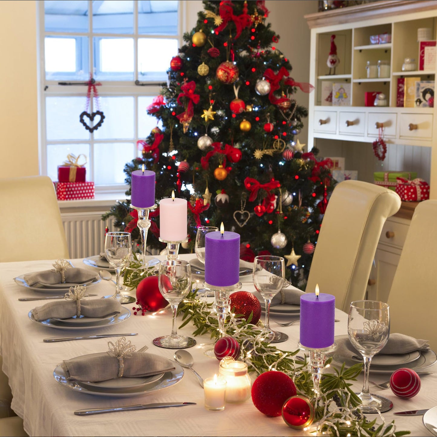 AFINETH Flamelss Advent Candles, Battery Operated Wax Pillar Candles with Remote, Flat Top Flickering Flameless Candles, LED Candles for for Christmas, Catholic, Advent, Wreath, Purple and Pink