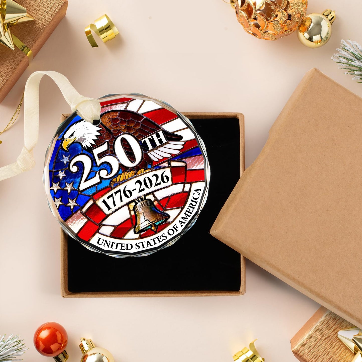 America 250th Anniversary Ornament, America 250 Merchandise Crystal Glass Christmas Ornaments, Fourth of July Decorations, Independence Day Souvenir Gifts, Liberty Bell Keepsake
