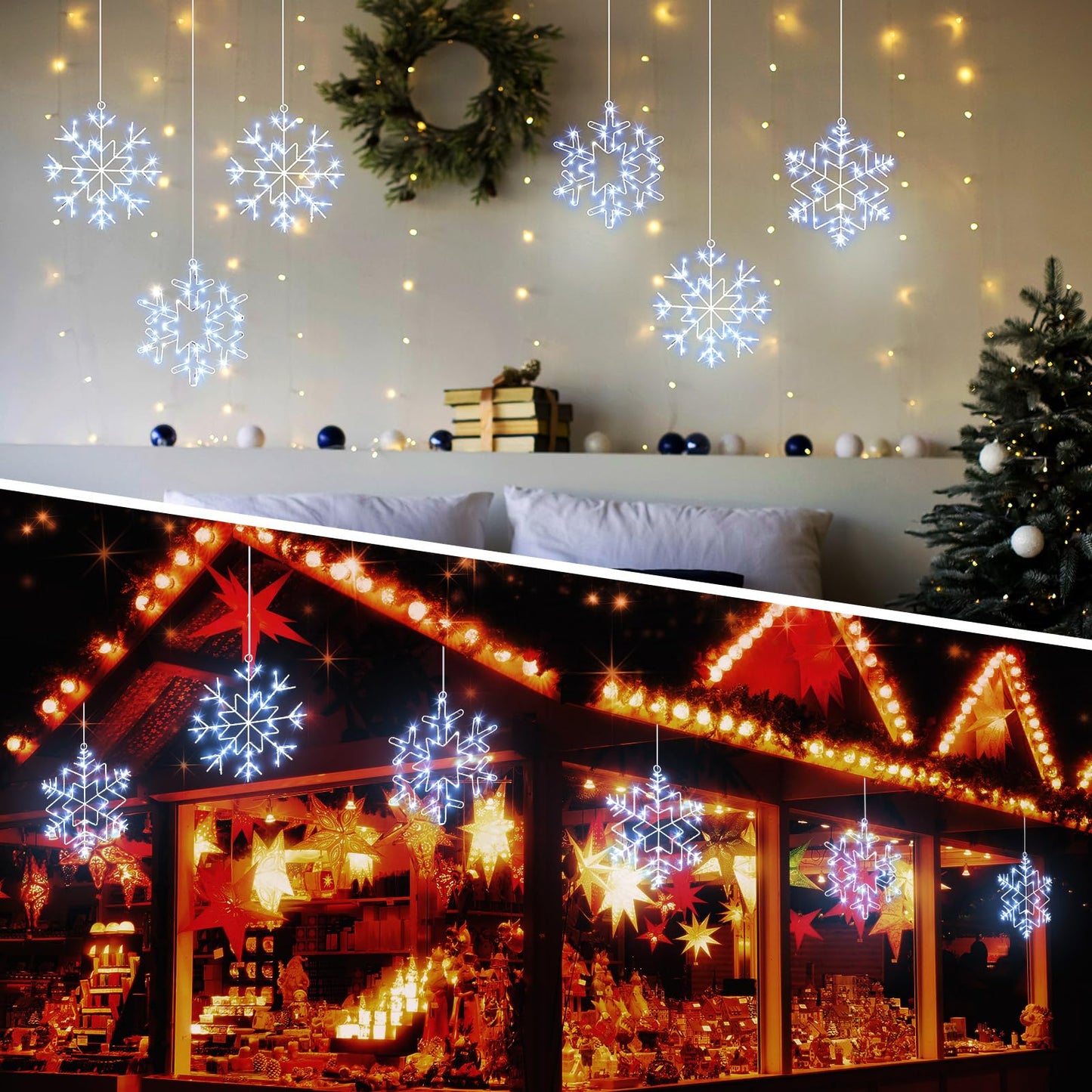Baquler 2 Set Christmas Snowflake Solar Lights 20 Feet 138 LED Waterproof Outdoor Cool White Twinkle Fairy Lights 8 Modes Solar Hanging String Lights Decoration for Xmas Tree Porch Roof Window Decor