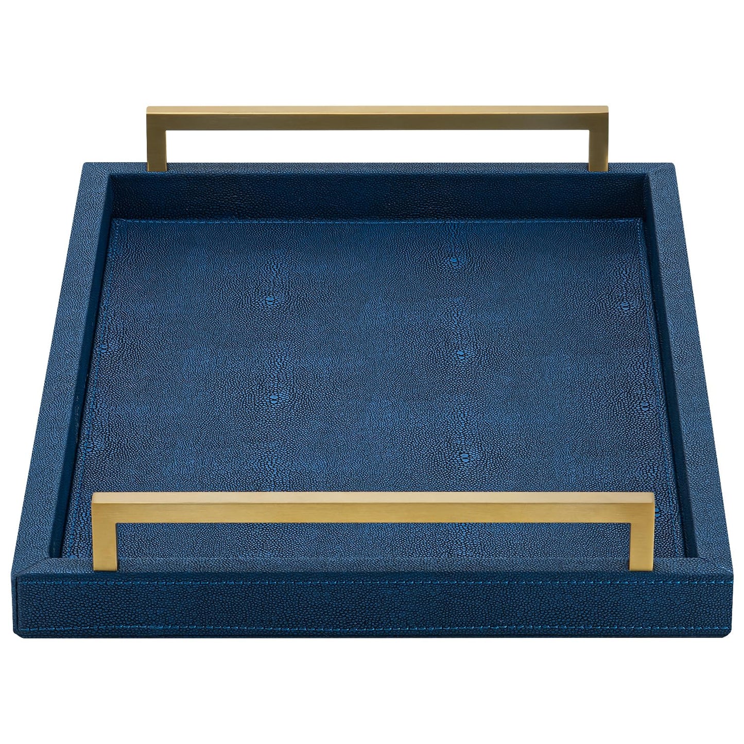 XIGEXIGE Navy Blue Decorative Serving Tray, Shagreen Leather Coffee Table Tray, Rectangle for Home Decor