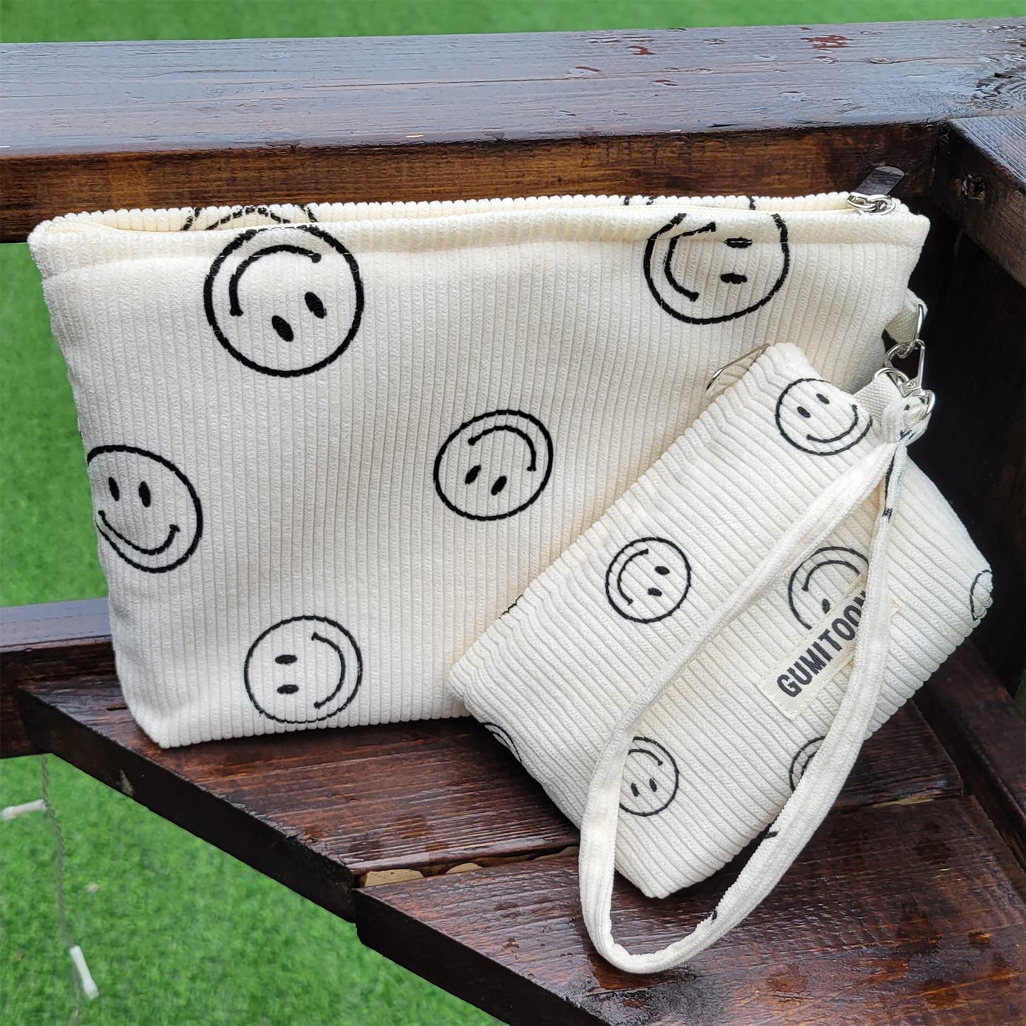 GUMITOON 2pcs Cosmetic Bags,makeup bag for women,aesthetic organizer toiletry bags,travel essentials,travel size toiletries,a small make up bag and a big make up bag(smiley face bag)