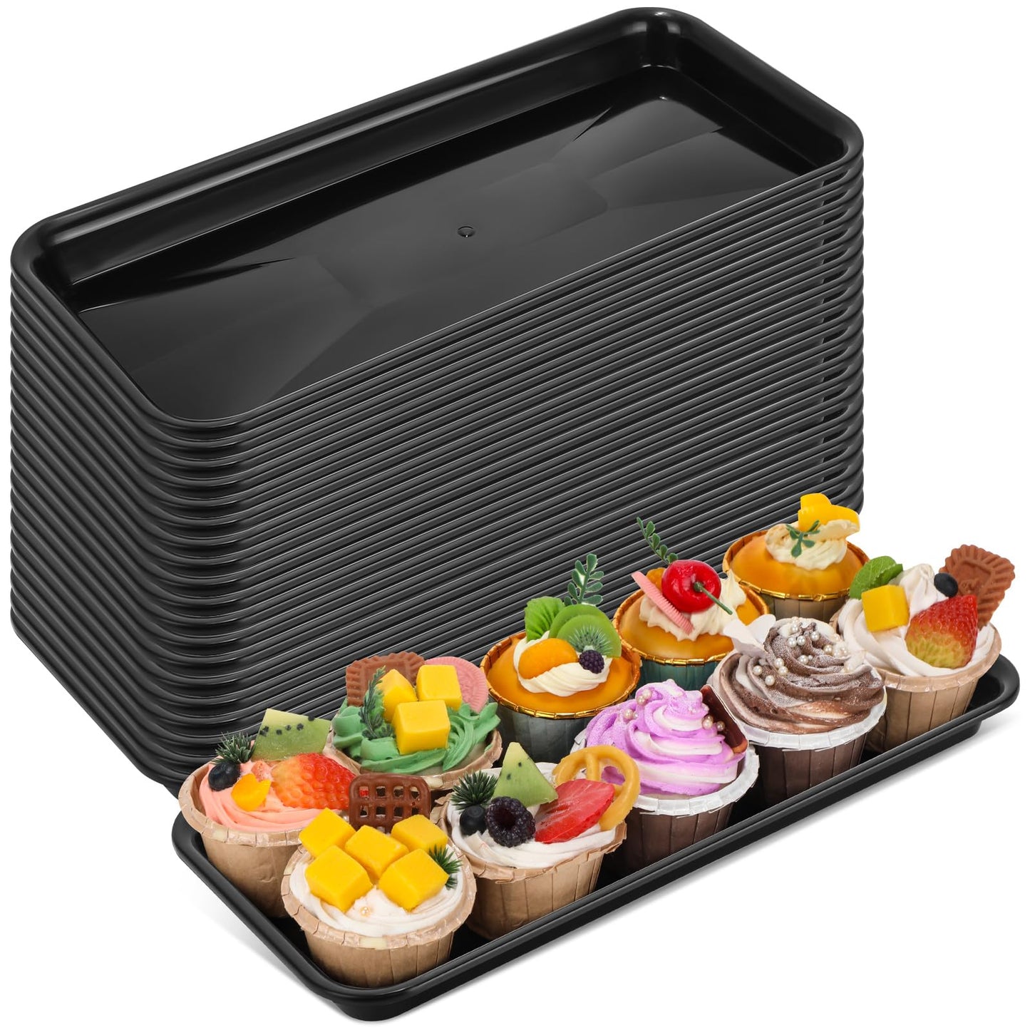 Ziliny 20 Pcs Serving Platters 14 x 6 Inch Rectangle Serving Trays Reusable Food Tray Dishes Dessert Trays Plastic Plates for Wedding Home Table Thanksgiving Christmas Party(Black)
