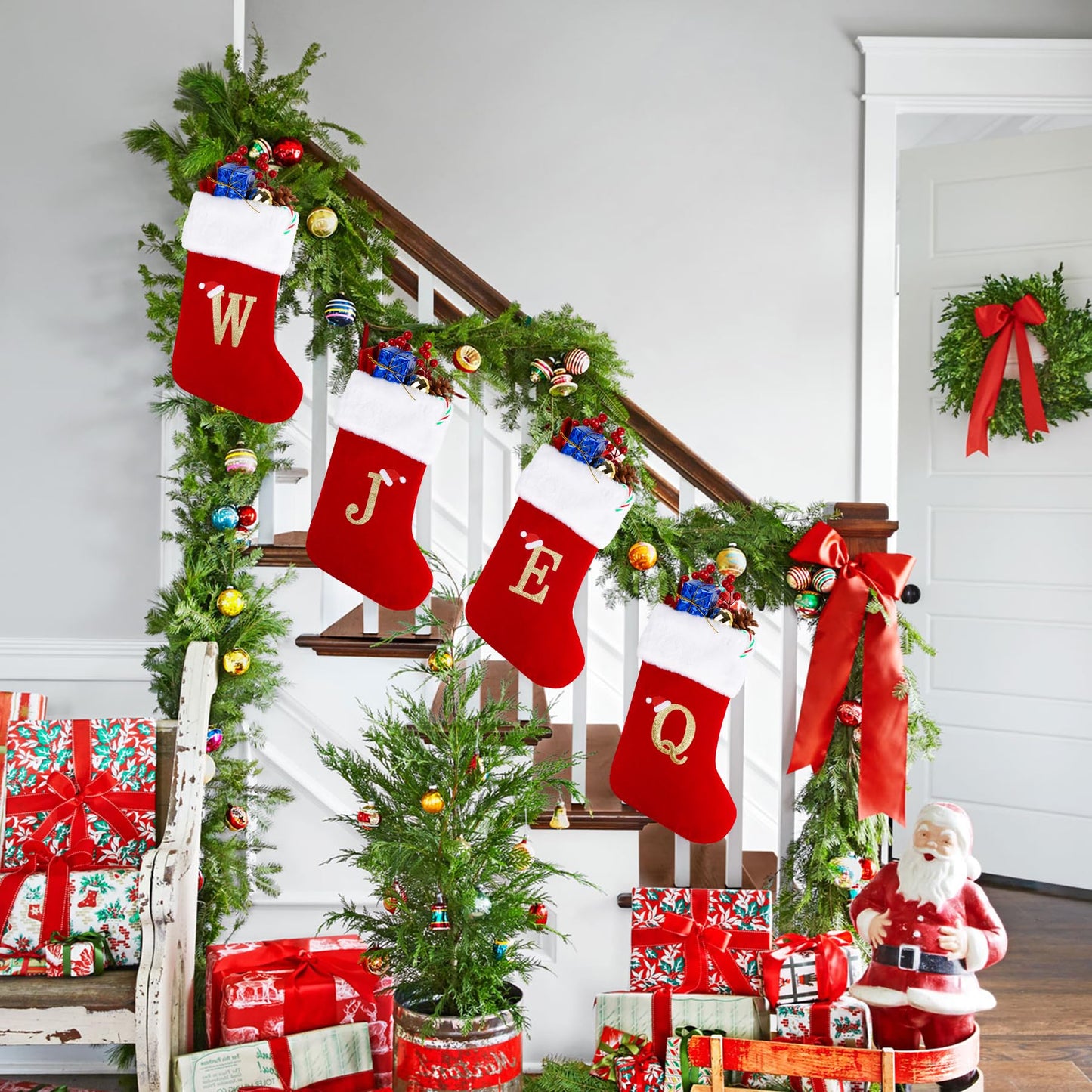 20 Inches Monogram Christmas Stockings with Letters, Large Super Soft Christmas Stockings Red Velvet with White Super Soft Plush Cuff for Christmas Xmas Tree Holiday Fireplace (A)