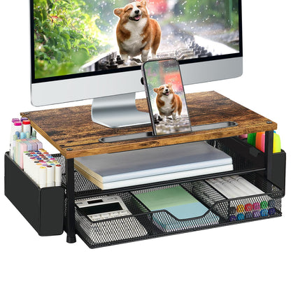 AUPSEN Wood Desk Organizers and Accessories, 2-Tier Computer Monitor Stand Riser with Drawer, Pen Storage & Phone Holder, Office Desk Accessories, Workspace Desktop Organization for Office Supplies（Brown）