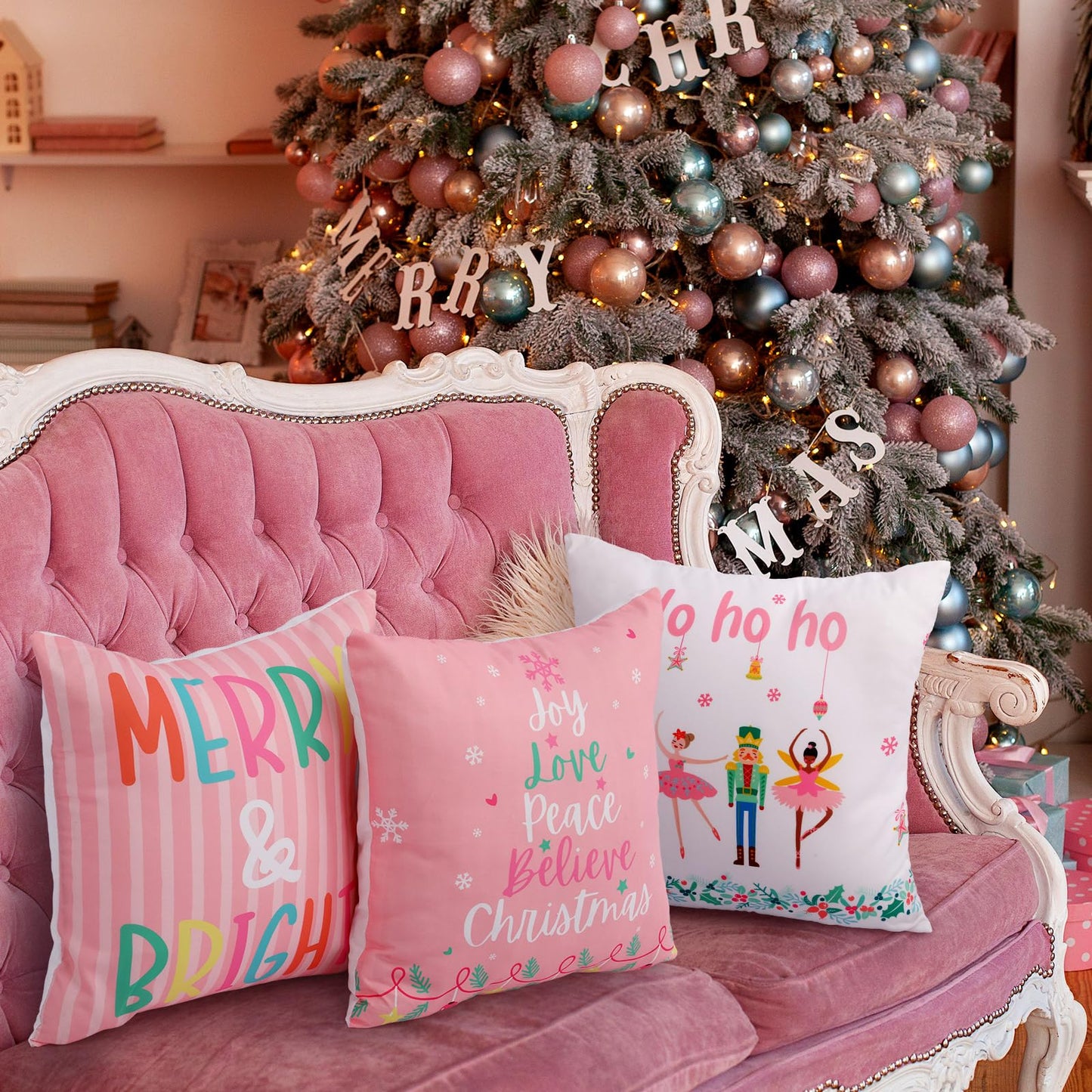 HunnmingRe 6 Pcs Pastel Christmas Throw Pillow Covers 18 x 18 Inch Pink Nutcracker Xmas Trees Truck Pillow Case Soft Candyland Cushion Case Pastel Pink Christmas Decor for Home Couch Sofa Bed Chair