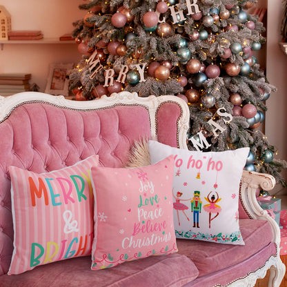 HunnmingRe 6 Pcs Pastel Christmas Throw Pillow Covers 18 x 18 Inch Pink Nutcracker Xmas Trees Truck Pillow Case Soft Candyland Cushion Case Pastel Pink Christmas Decor for Home Couch Sofa Bed Chair