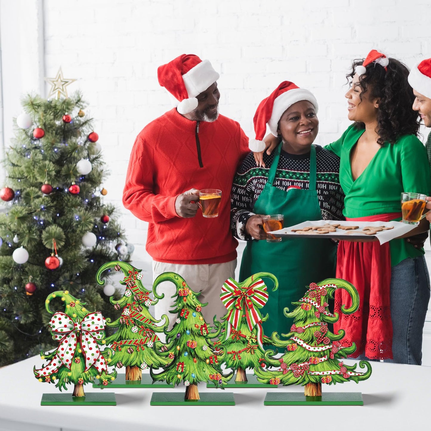 Pinkunn 5 Pcs Whimsical Christmas Table Decorations Wooden Lime Green Christmas Tree Table Centerpieces Lime Green Xmas Tree Wood Sign for Home Tabletop Ornament Holiday Xma Party Tiered Tray Decor