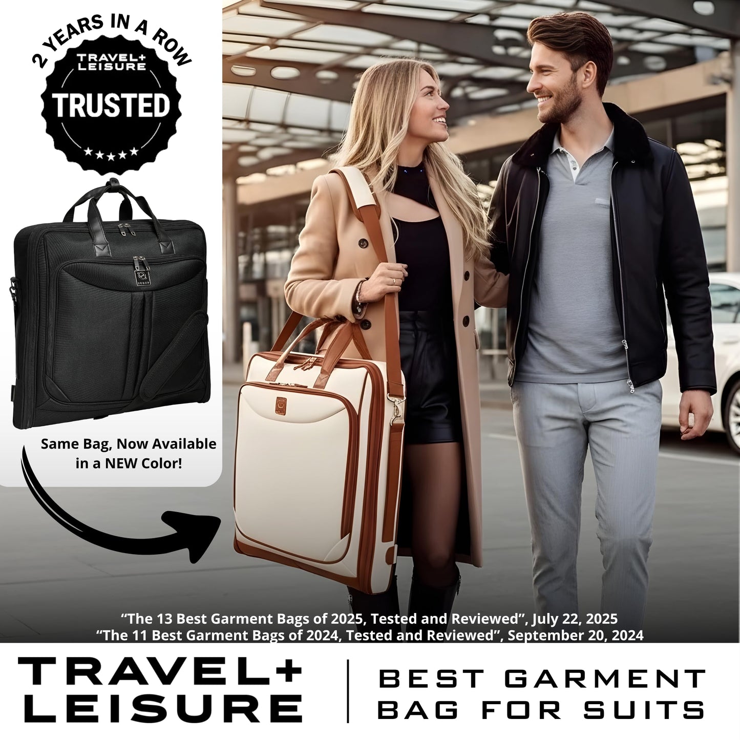 ZEGUR Premium Garment Bag Carry On for Women - Hangs Blazers, Pantsuits & More - Travel Bag with Shoulder Strap and Laptop Compartment (Beige with Saddle Brown Leather)