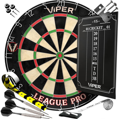 Viper League Pro Sisal Bristle Dart Board for Adults Starter Set with Cricket Scoreboard, Regulation 17.75 Inch Steel Tip Dartboard, 3 Darts, and Chalk