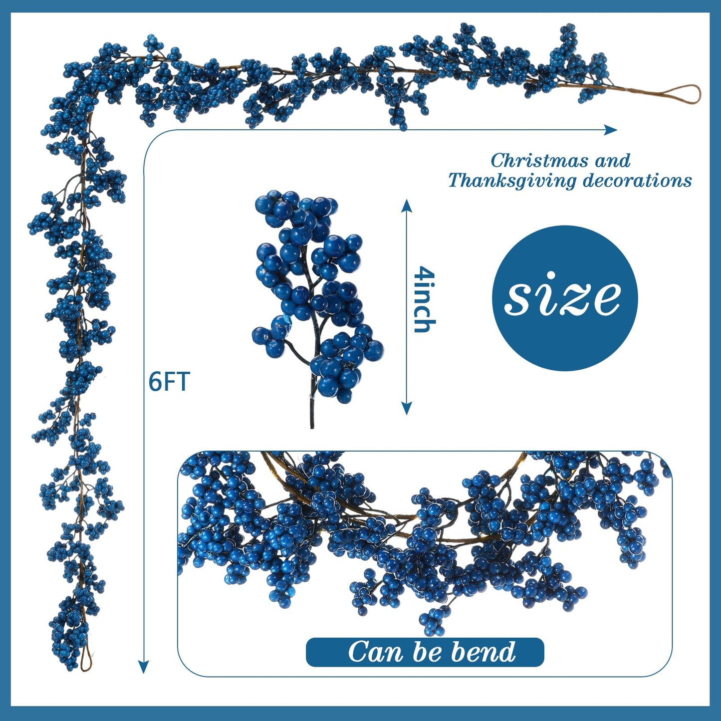 Syhood Christmas Berry String Garland with Lights Thanksgiving Artificial Lighted Garland for Xmas Winter Tree Decor Home Office Fireplace Mantel Decoration Holiday Valentines, 6 ft(Royal Blue,1 Pcs)