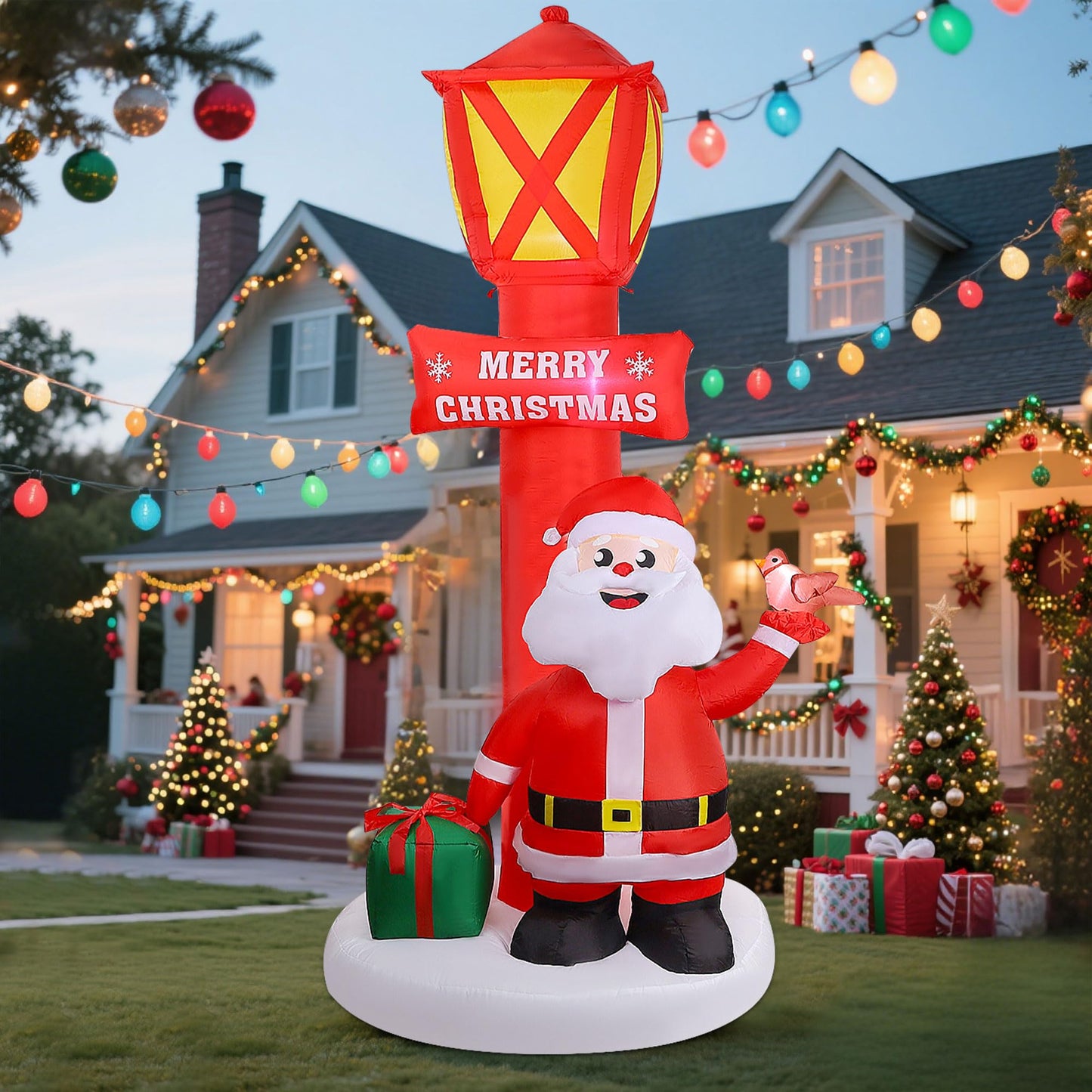 ZaaYee 8FT Christmas Inflatable Yard Decoration, Giant Blow Up Lighthouse with Santa and Redbird with Built-in LED Lights for Front Door Lawn Garden Holiday Display Indoor Outdoor Decor