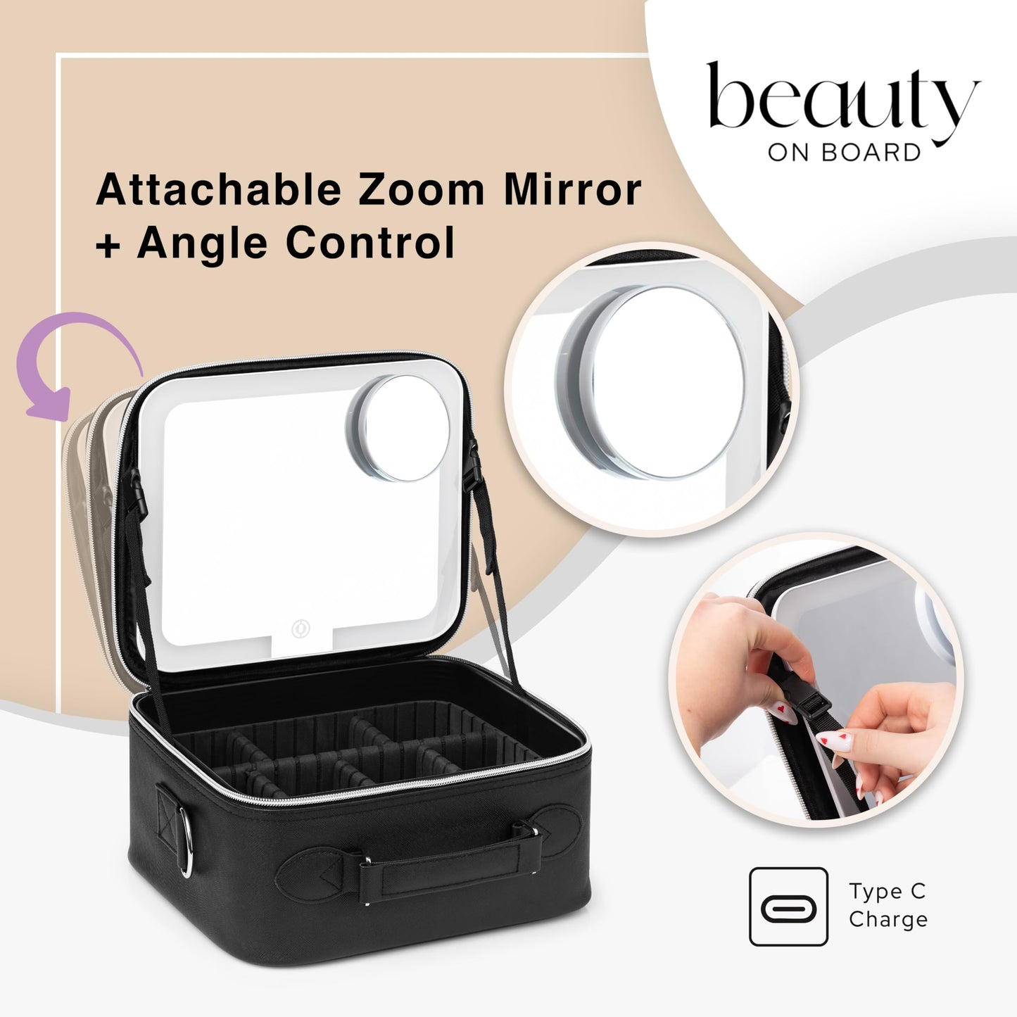 BeautyOnBoard Makeup Bag with LED Mirror, PU Leather Makeup Case - 3 Adjustable Brightness Levels, Lighted Cosmetic Case with Mirror, Dividers - Make Up Portable Storage Travel Organizer with Handle