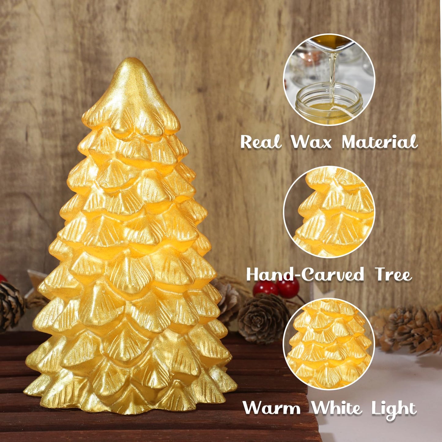 FLAVCHARM Gold Christmas Tree Flameless Candles with Remote Battery Operated Flickering LED Tabletop Lighted Xmas Tree Figurines for Fireplace Home Decor Indoor Holiday Christmas Gifts