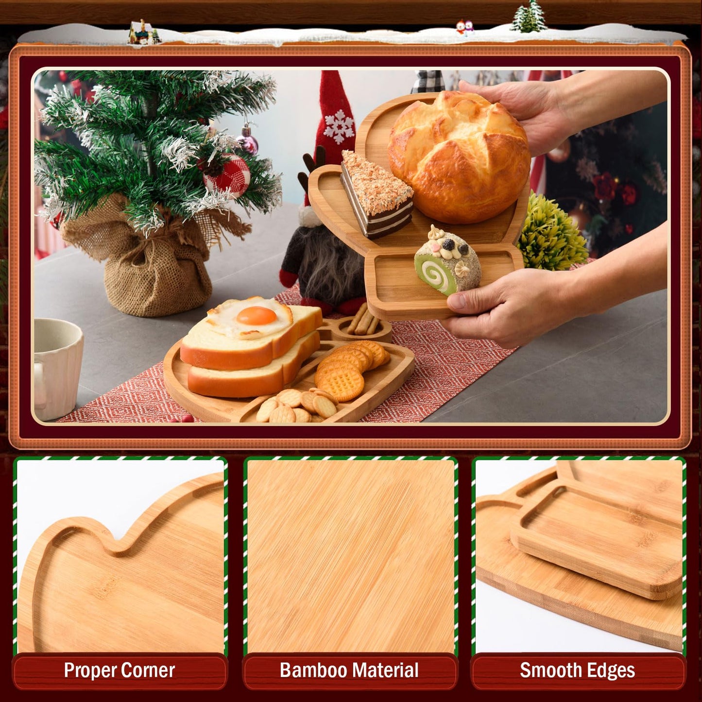 AWIZOM 2 Pcs Christmas Serving Platters Santa Hat and Mitten Shaped Wood Trays Winter Bamboo Charcuterie Boards Decorative Wood Snack Dish Plates for Xmas Holiday Housewarming Presents
