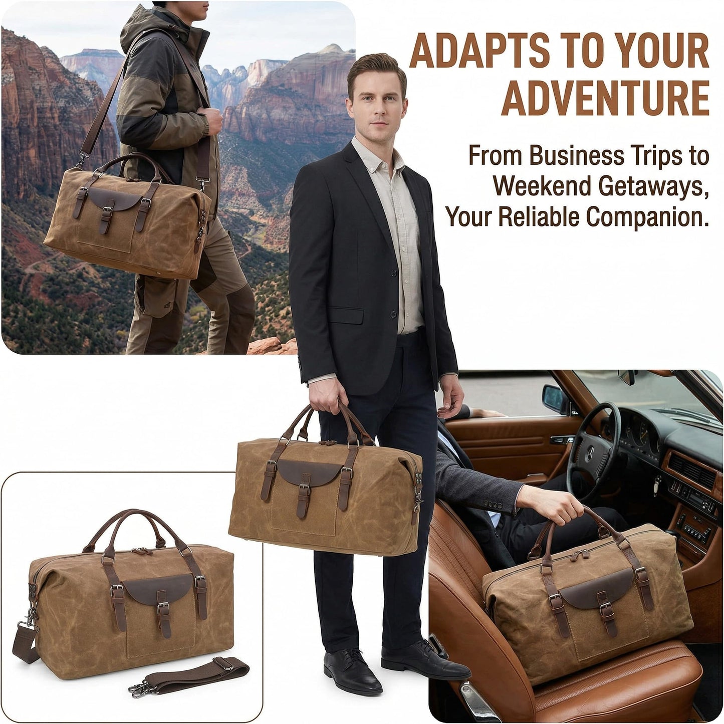 NEWHEY 55L Travel Duffel Bag, Waterproof Waxed Canvas & Leather Weekender Bag for Men, Large Carry-on Overnight Bag for 4-5 Day Business Trips & Weekend Getaways, Brown