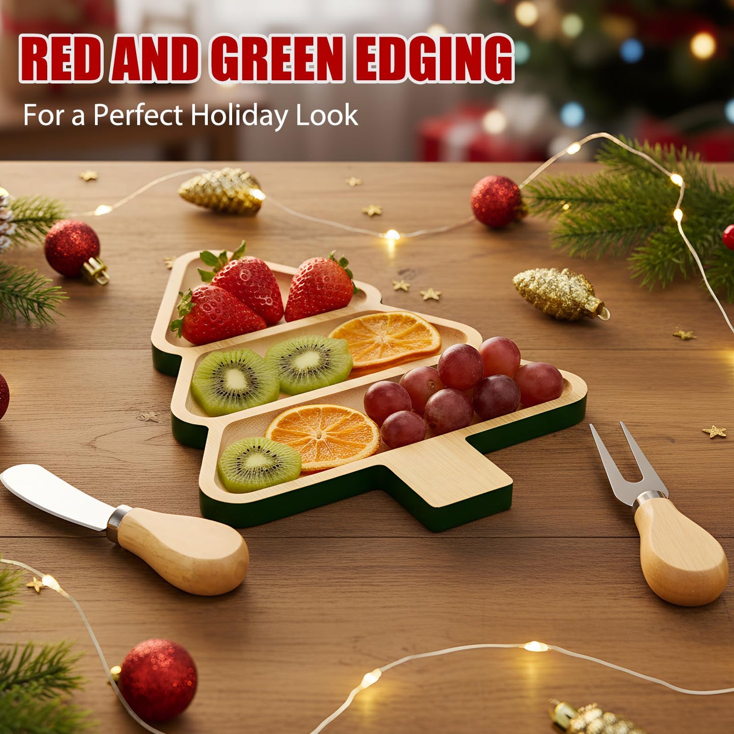 12 Set Christmas Charcuterie Board Gifts Bulk, Kitchen Gifts Christmas Tree Shaped Wooden Serving Tray Board with Knives Fork Red Berry Decorative for Snacks Cheese Desserts Holiday Xmas Party Gift