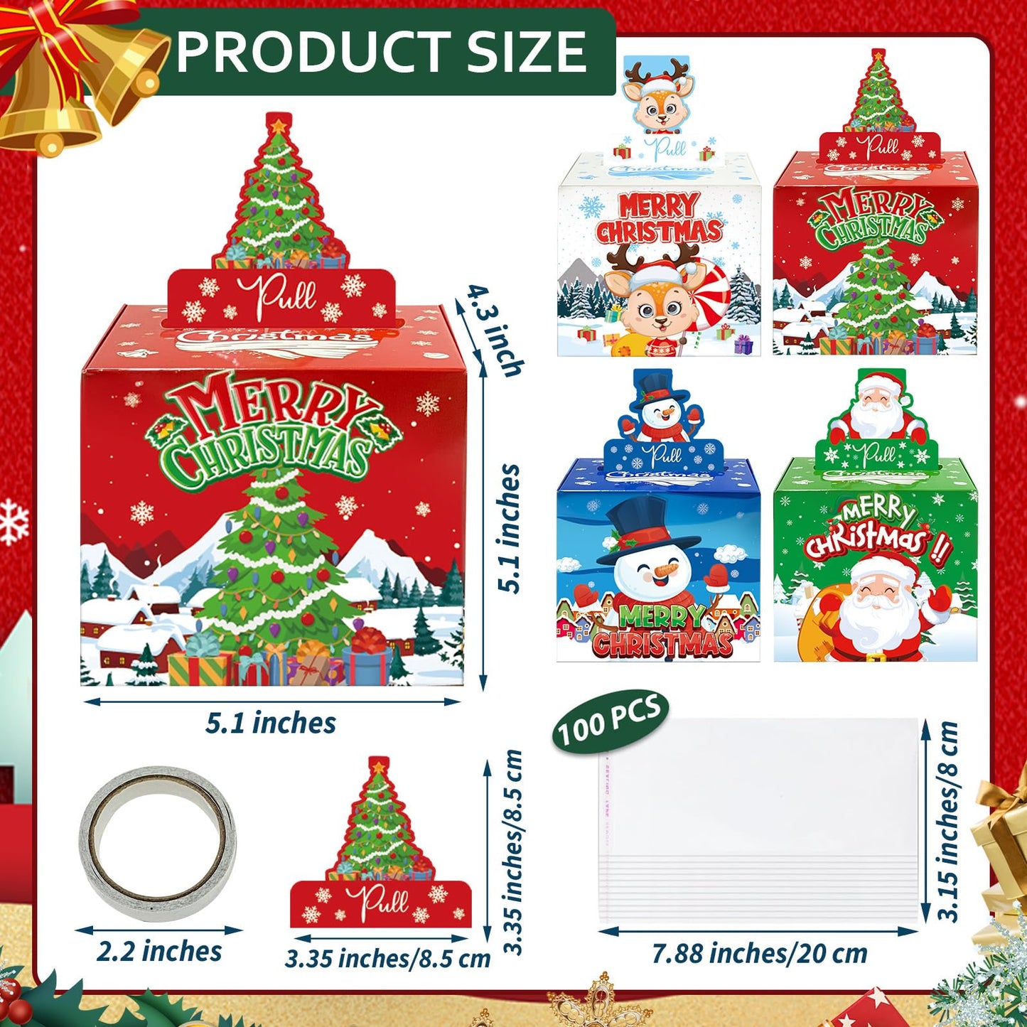 4 Pack Christmas Money Box for Cash Gift Pull,Christmas Tree & Snowman & Santa & Elk Money Gift Boxes for Cash with Pull Out Card DIY Set Surprise Merry Box (Cute Christmas)