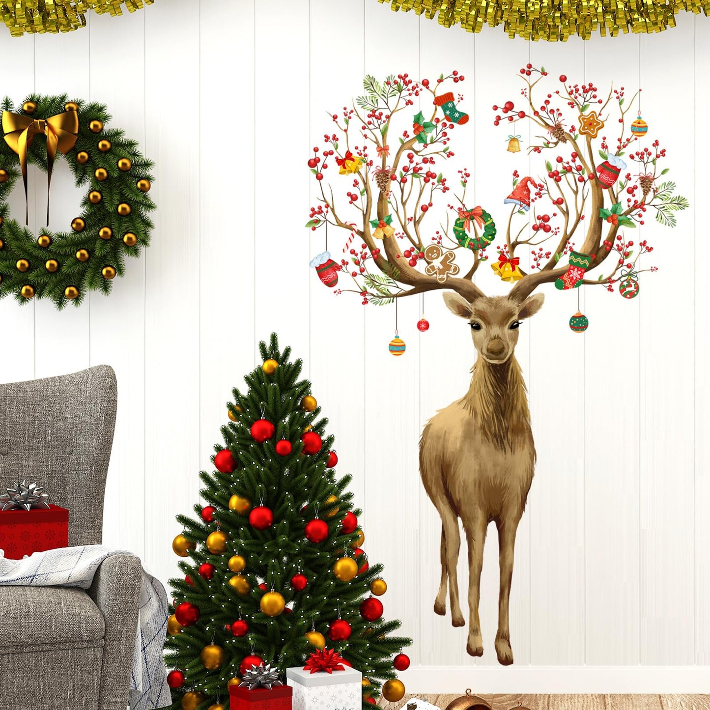 Christmas Wall Stickers Decoration Set Plaid Xmas Tree Wall Murals Floor Décor Living Room Children Nursery School Restaurant Cafe Hotel Home Office Décor Christmas 3