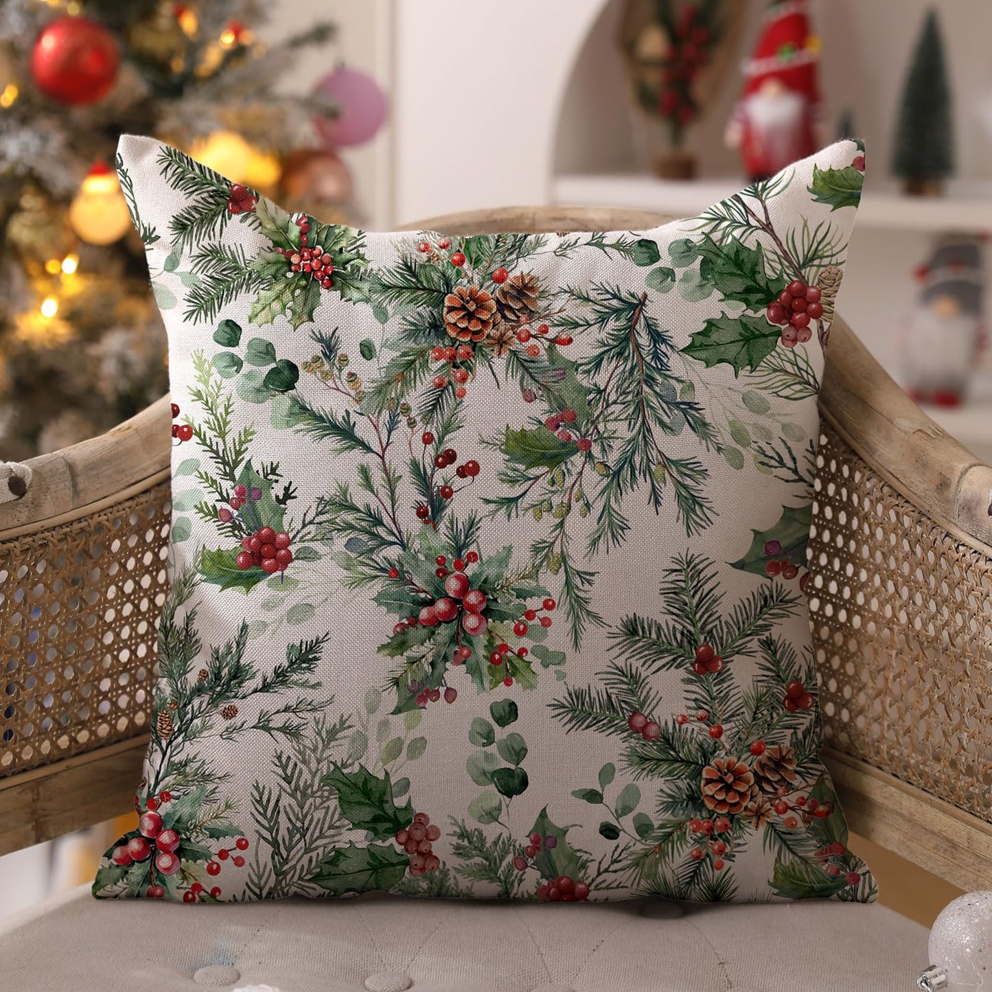 DFXSZ Christmas Pillow Covers 18x18 Inch Set of 2 Xmas Pine Branches with Red Berry Pine Cone Decorative White Throw Pillows Winter Christmas Decor for Home Couch ST025D18