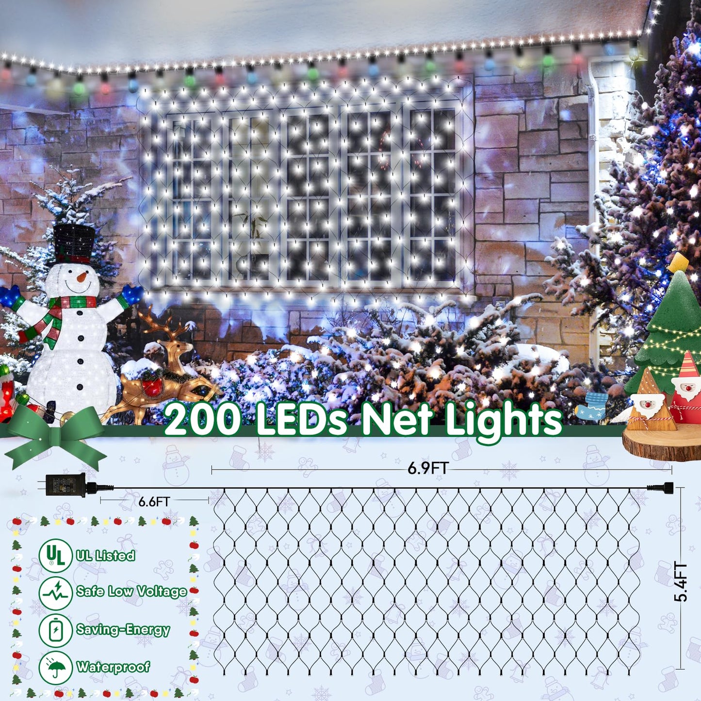 Hezbjiti Christmas Net Lights Outdoor 200 LED 6.9FT x 5.4FT Green Wire with 8 Modes, Connectable Plug in Waterproof, Timer Memory Function for Xmas Tree Bush Porch Lawn Windows Decor（2 Pcs Cold White
