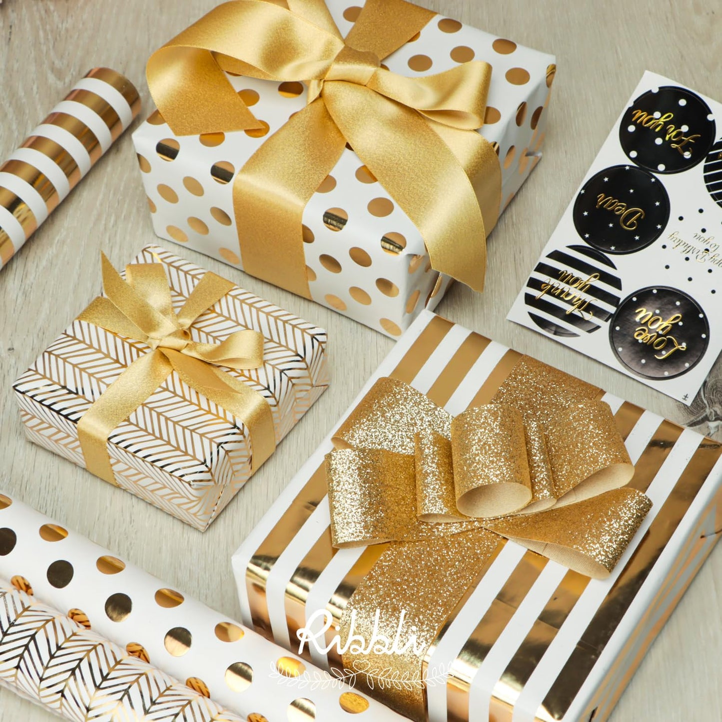 Ribbli Birthday Wrapping Paper White and Gold Gift Wrapping Paper for Christmas Mini Roll, 3 Rolls Polka Dots Stripes Geometry Pattern with Gold Foil - 17 inch x 120 inch(10feet) Per Roll