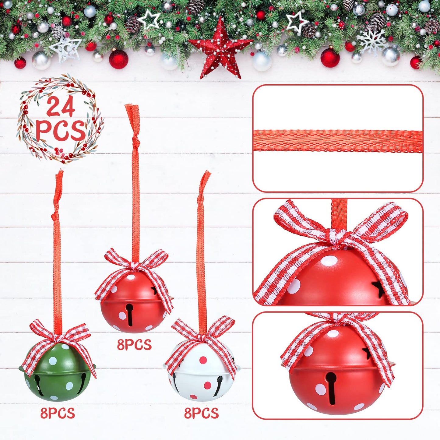 Naler 24 Pieces Christmas Jingle Bells with Ribbon Metal Cutout Craft Bells Hanging Ornaments for Christmas Tree Xmas Decoration, Red Green White, 1.57”