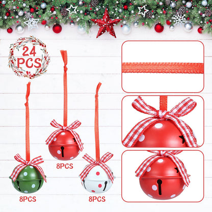 Naler 24 Pieces Christmas Jingle Bells with Ribbon Metal Cutout Craft Bells Hanging Ornaments for Christmas Tree Xmas Decoration, Red Green White, 1.57”