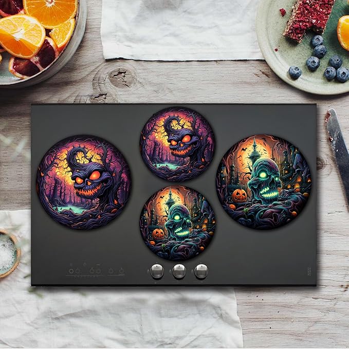 Skull Halloween Gas & Electric Stove Top Covers - 8 & 10 Inch, 4 Metal Decorative Cooktop Covers
