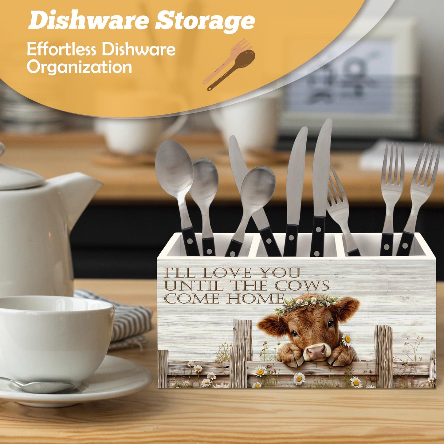 Yjeslw Highland Cow Pen Holder Organizer for Desk Accessories, I Will Love You Till the Cows Come Home Farmhouse Wooden Box Sign Desk Decorations for Home Bedroom Office Decor, Highland Cow Gifts